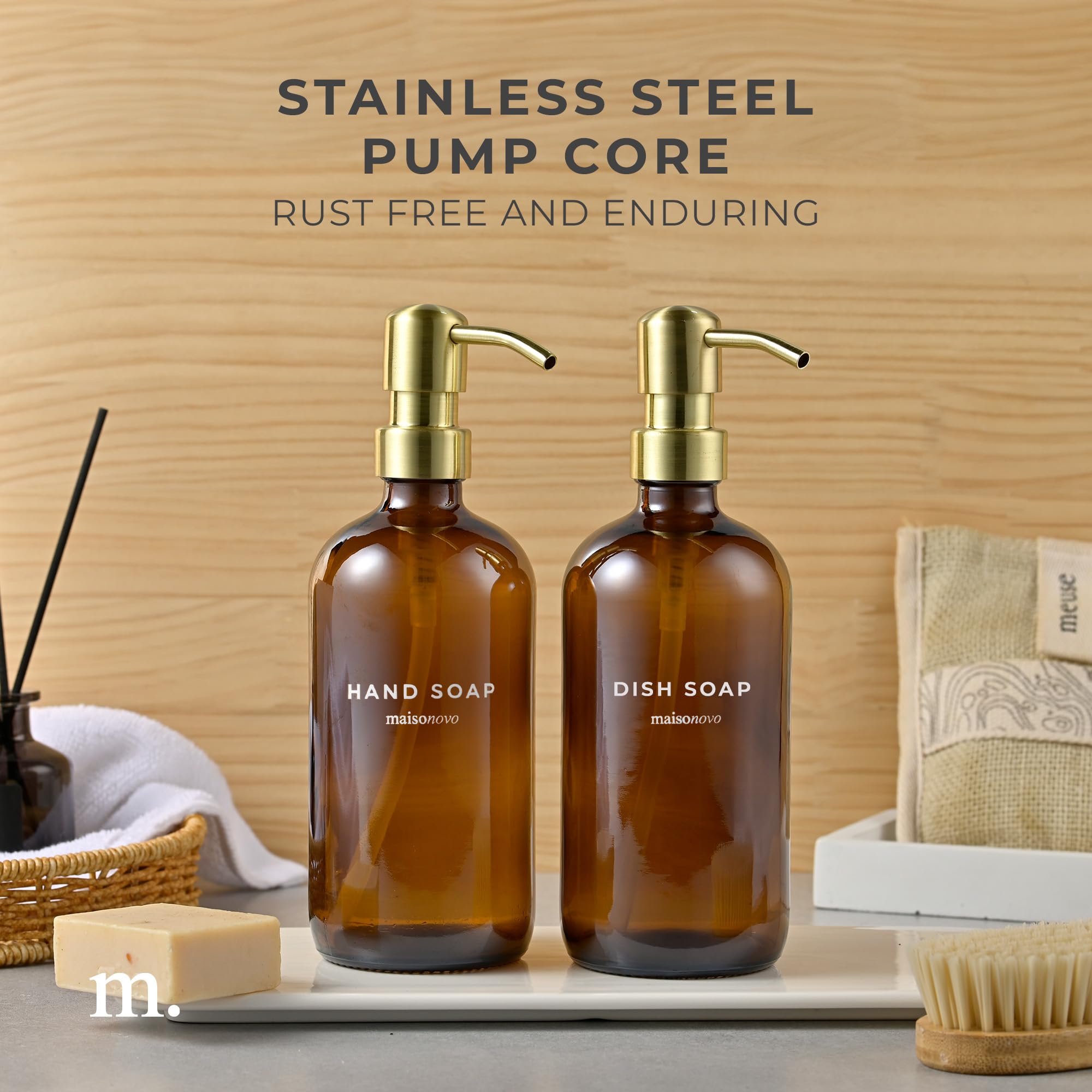 Maisonovo Hand And Dish Soap Dispenser Set | 16.9 Fl Oz Amber Glass Gold Pump X 2