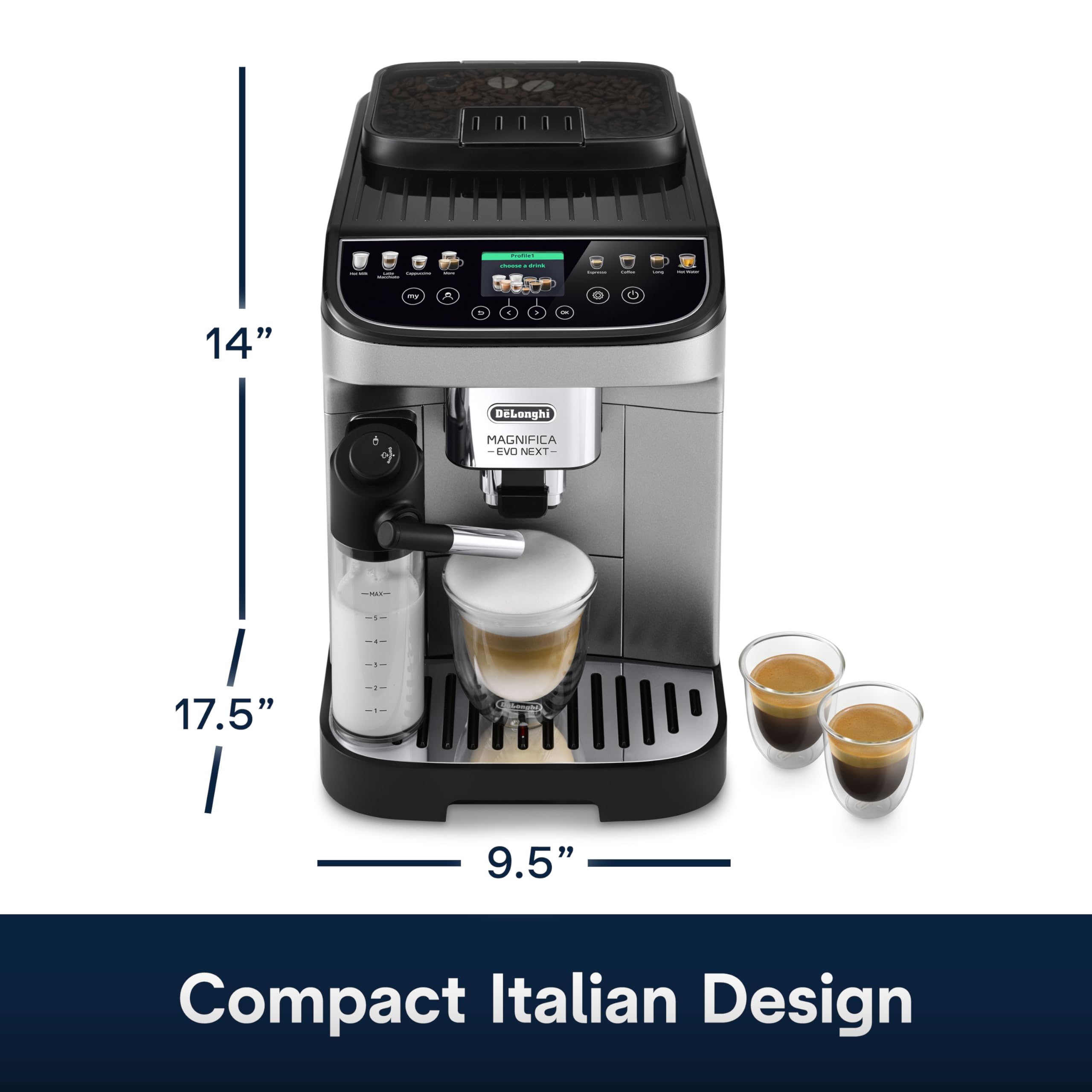 De'Longhi Magnifica Evo Next Fully Automatic Espresso Machine - Programmable Coffee Maker with Grinder and Milk Frother - Hot &