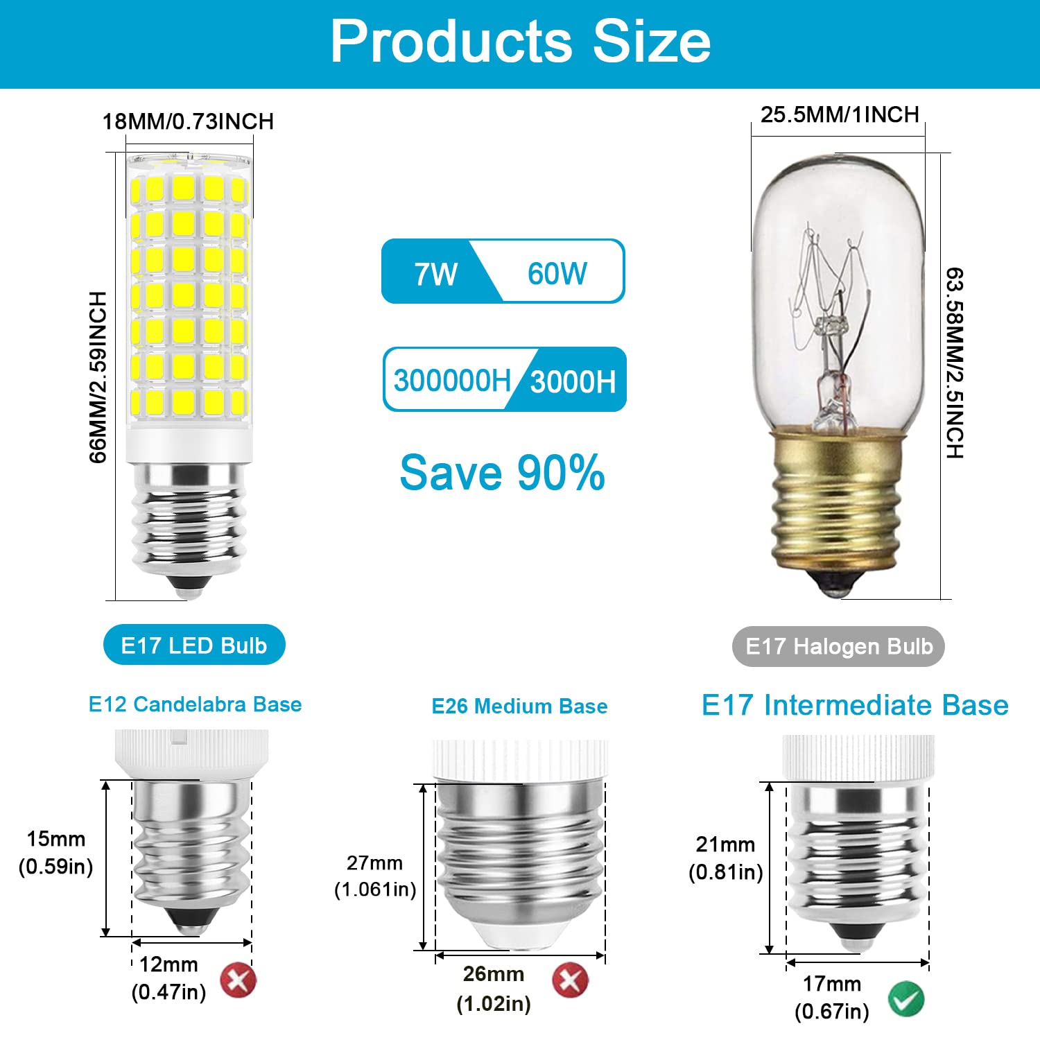 E17 Led Bulb Dimmable, 7W Microwave Over Stove Bulb, 120V 60W Incandescent Equivalent, Daylight White 6000K, Fit For Whirlpool M