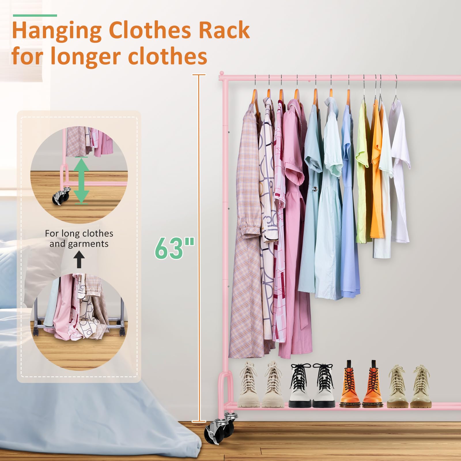 Sleeping Lamb Heavy Duty Clothing Racks For Hanging Clothes Rack, 43'' Wide Rolling Garment Rack Metal Clothing Hanger Rack With