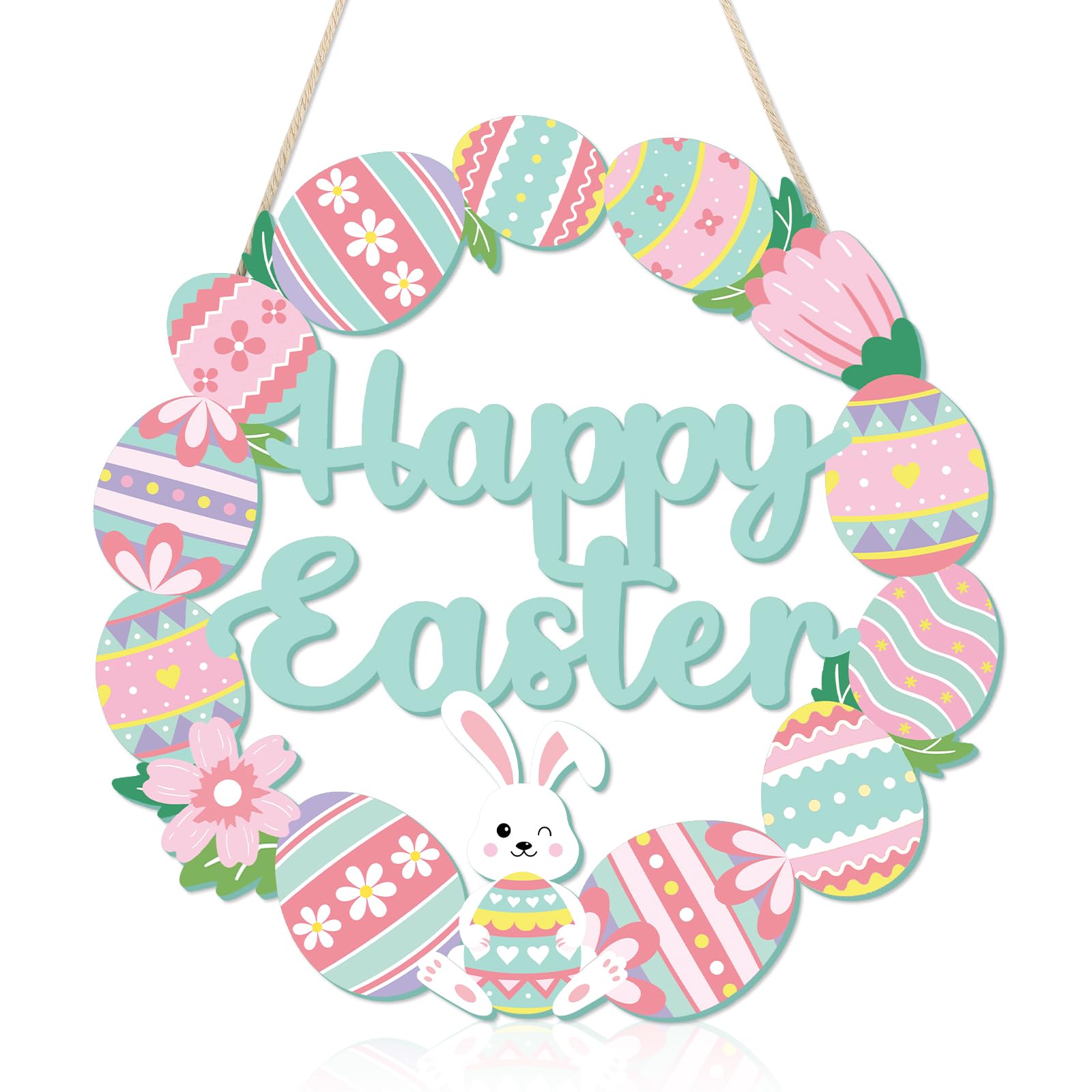 COCHIE Happy Easter Decorations Sign, Bunny Eggs Wood Wreath for Front Door Porch Window Wall Hanging Decor, Pink Green Spring D