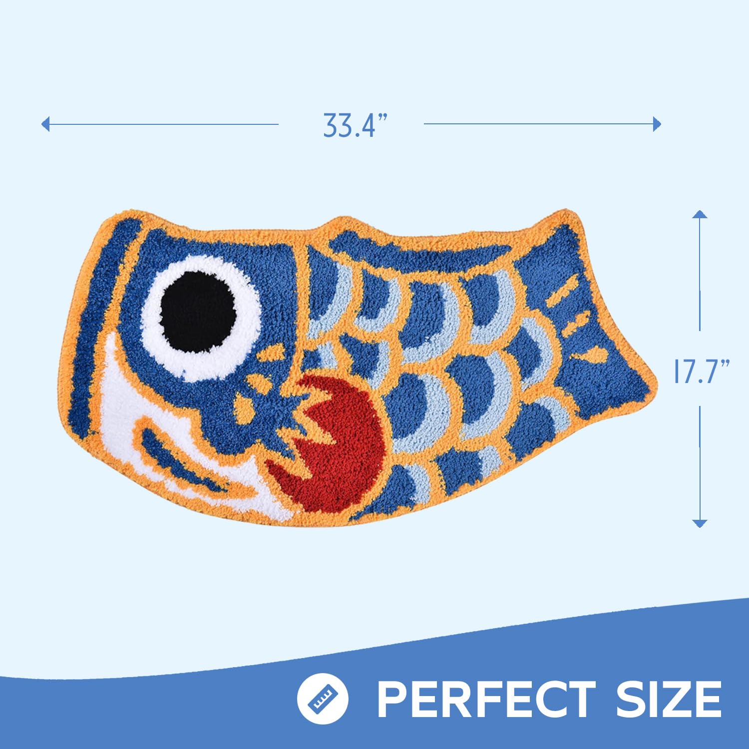 Feblilac Cute Fish Bath Mat For Bathroom, Japanese Koi Flag Soft Water Absorbent, Non-Slip, Machine Washable (Blue)