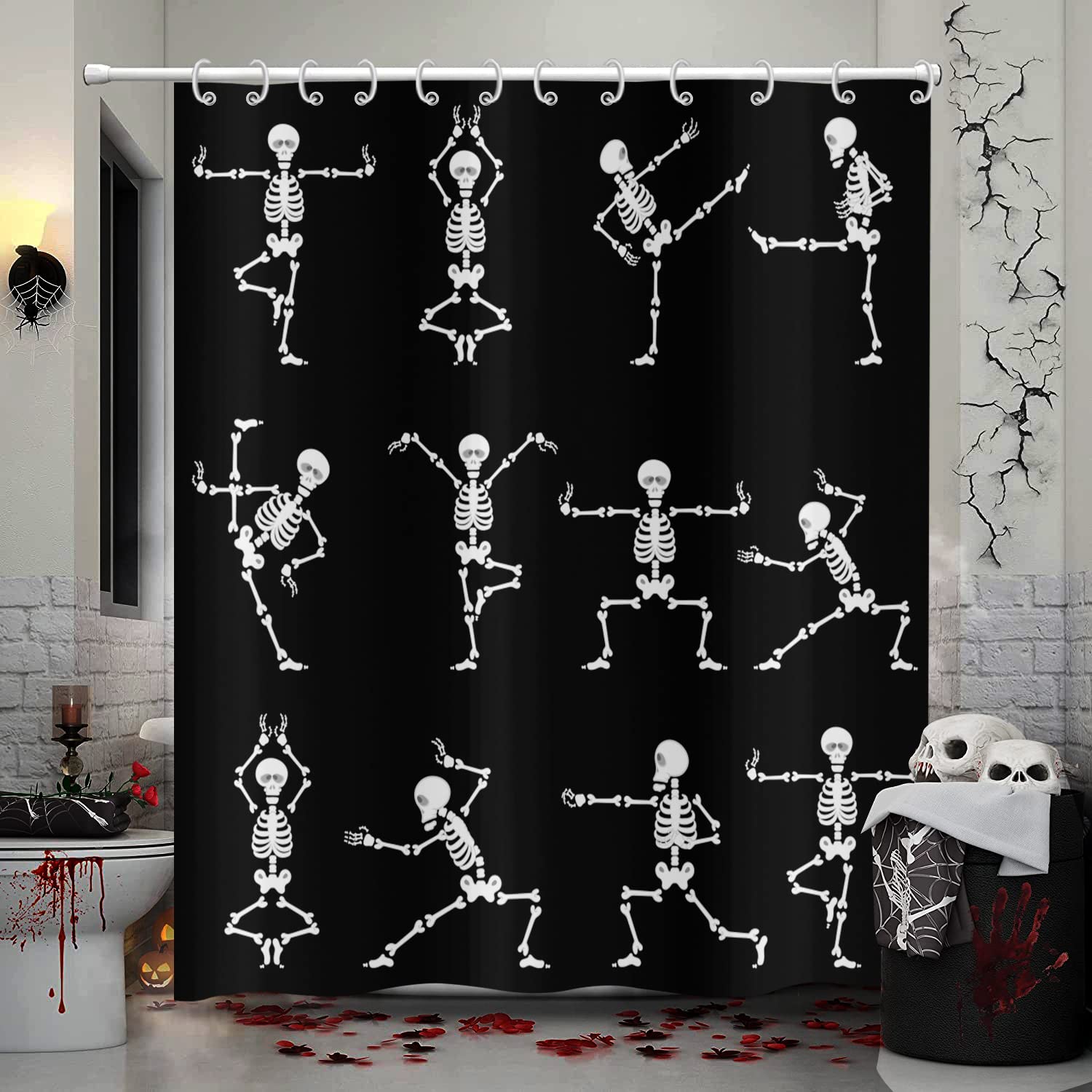 Gcirec Halloween Shower Curtain, Cartoon Funny Skull Skeleton Dancing Bathroom Curtain Halloween Party Retro Bath Curtain Waterp