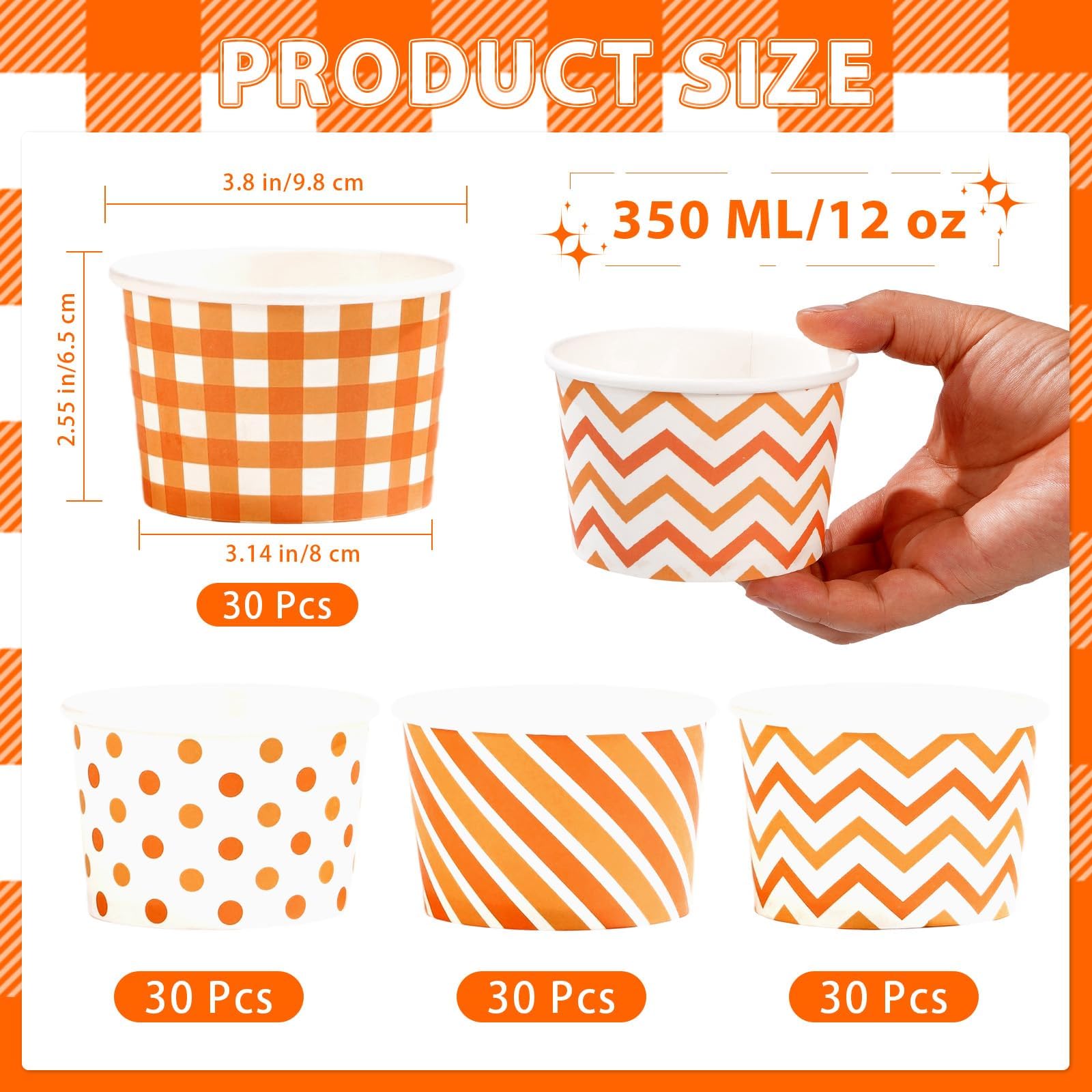 Grencian 120Pcs Fall Paper Bowls 12 oz Disposable Thanksgiving Ice Cream Bowls Fall Cups Soup Bowl Orange Gingham Polka Dot Snac
