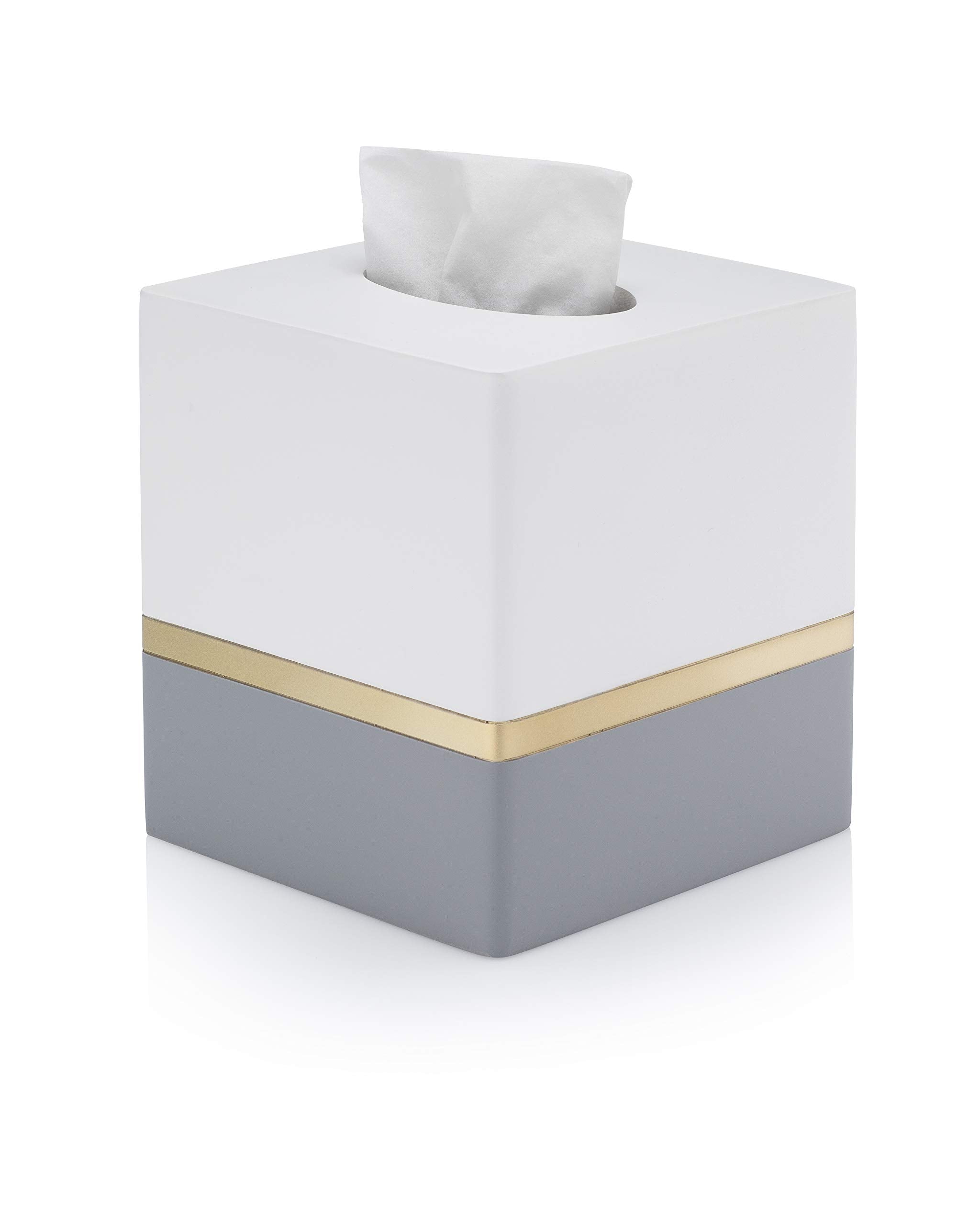 Essentra Home Day And Night Collection Square Tissue Box, White And Grey With Gold Stripe