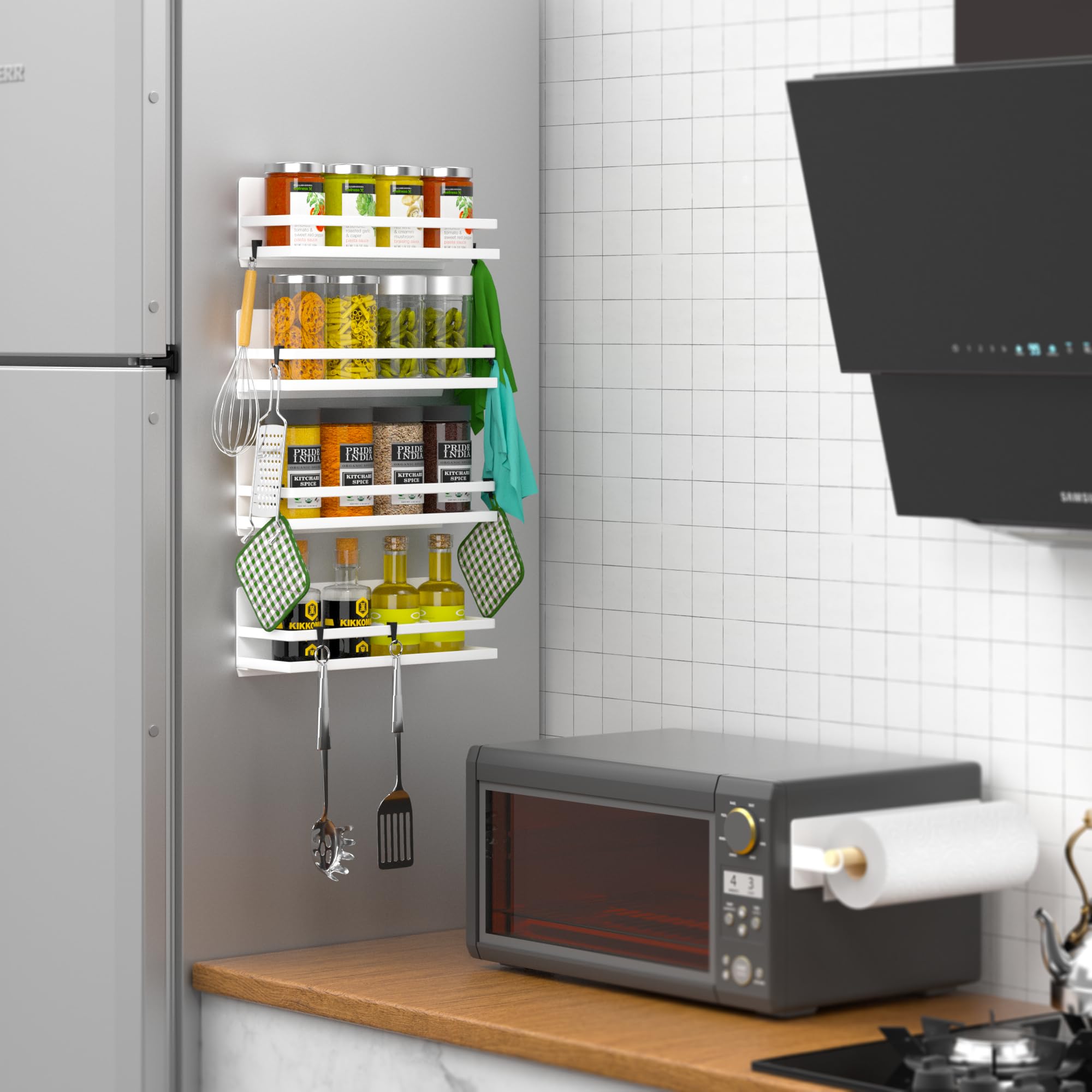 Magnetic Spice Rack For Refrigerator Moveable Magnetic Shelf Organizer With Paper Towel Holder Kitchen Refrigerator Storage Rack