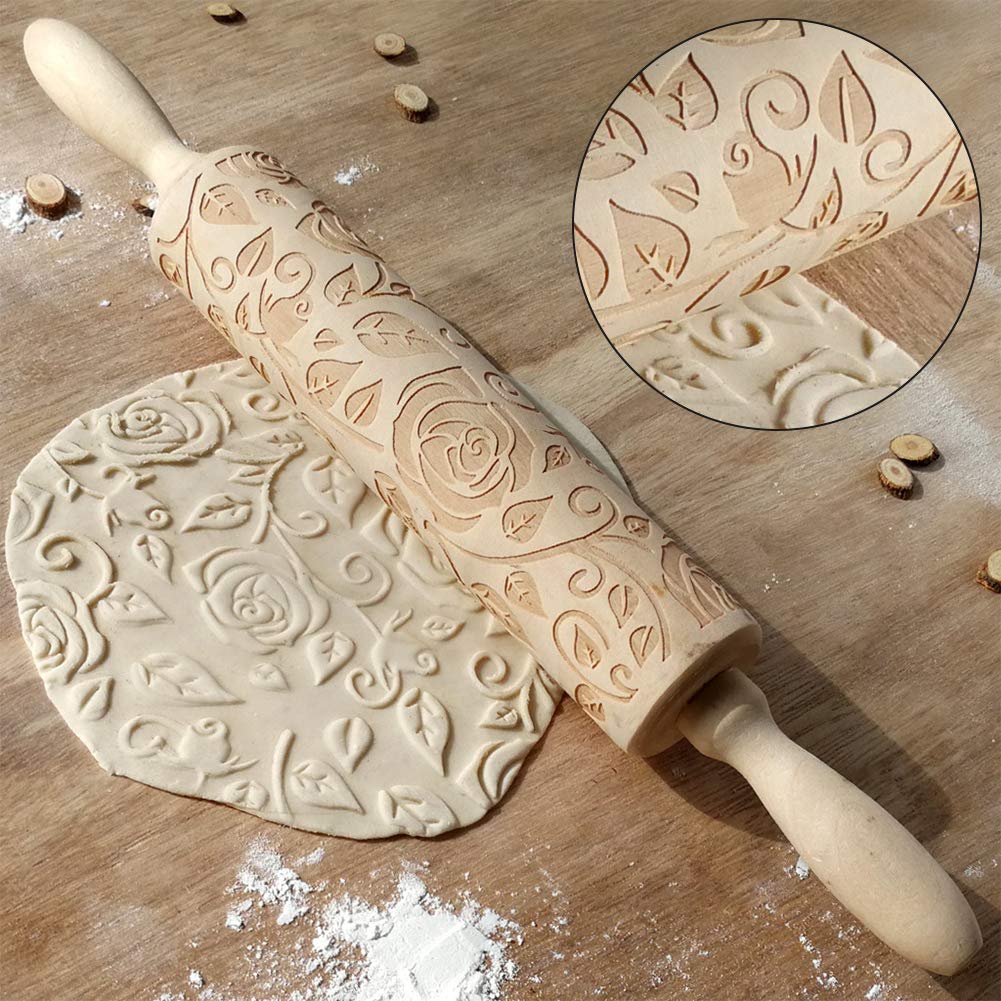 CfoPiryx Wooden Rolling Pin - Rose Flower Embossed Baking Tool, Free Size, Wood Color, Ideal for Cookies and Fondant