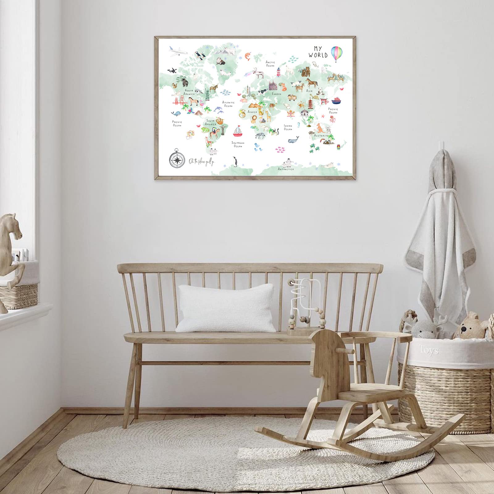 Joocrise Green Kids World Map Wall Art Animal Map Canvas Wall Art Educational Wall Art Nursery Wall Decor World Map Poster Child