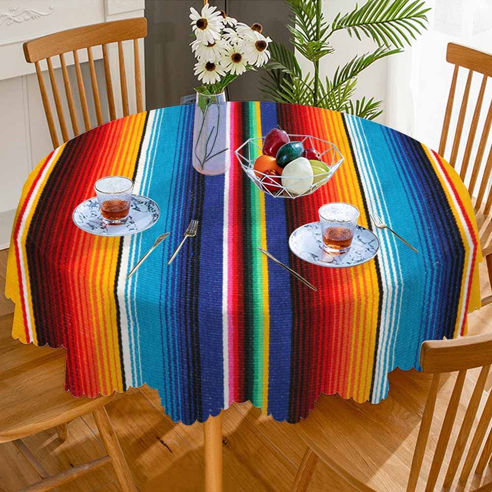 Aoyego Colorful Mexican Table Cloth Stripes Lines Native Art Feature Bright Round Tablecloth 60 Inch For Dining Room, Party, Ban