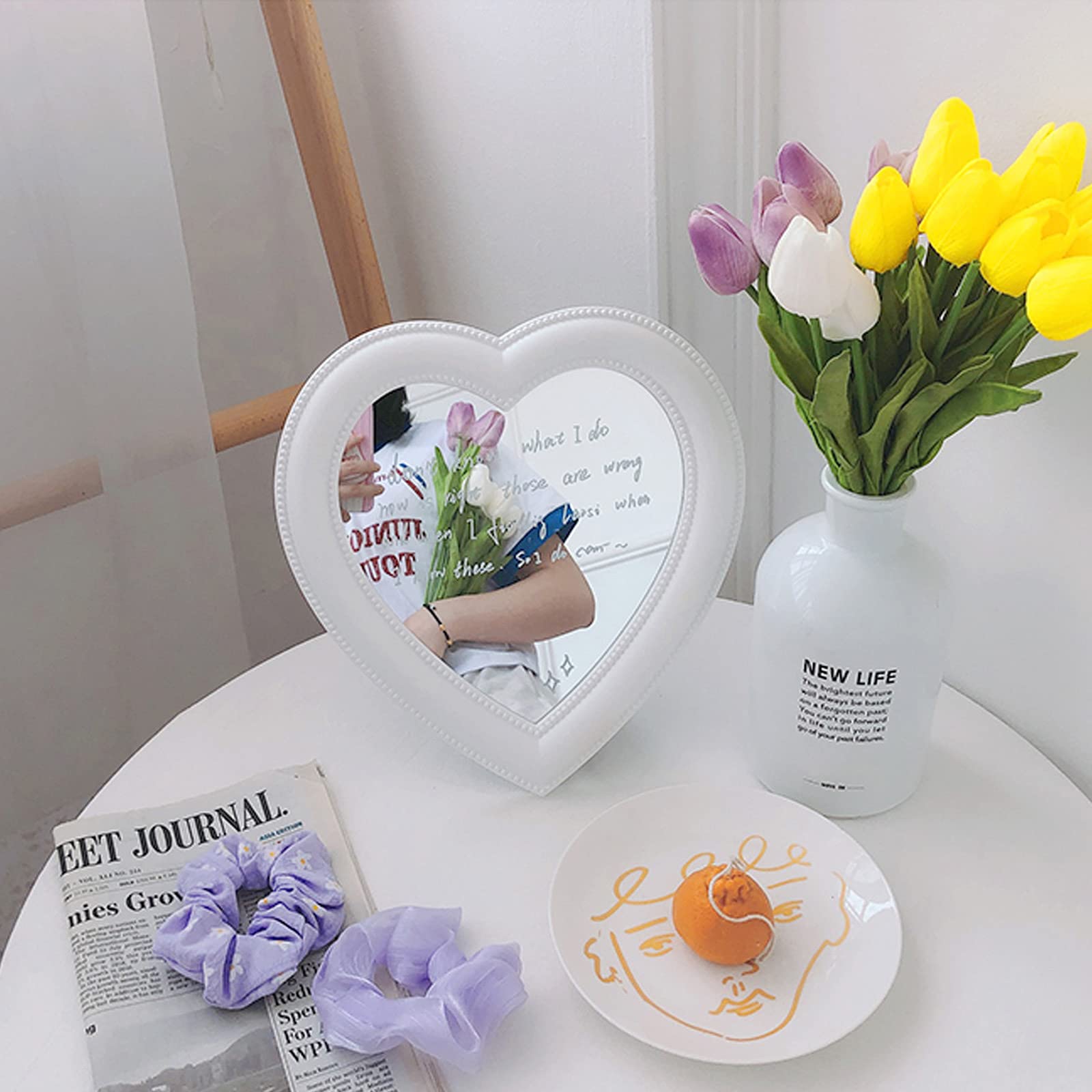 Binaryabc Heart Makeup Mirror Cosmetic Mirror Wall Desktop Mirror Bedroom Mirror,Valentines Day Gift(White)