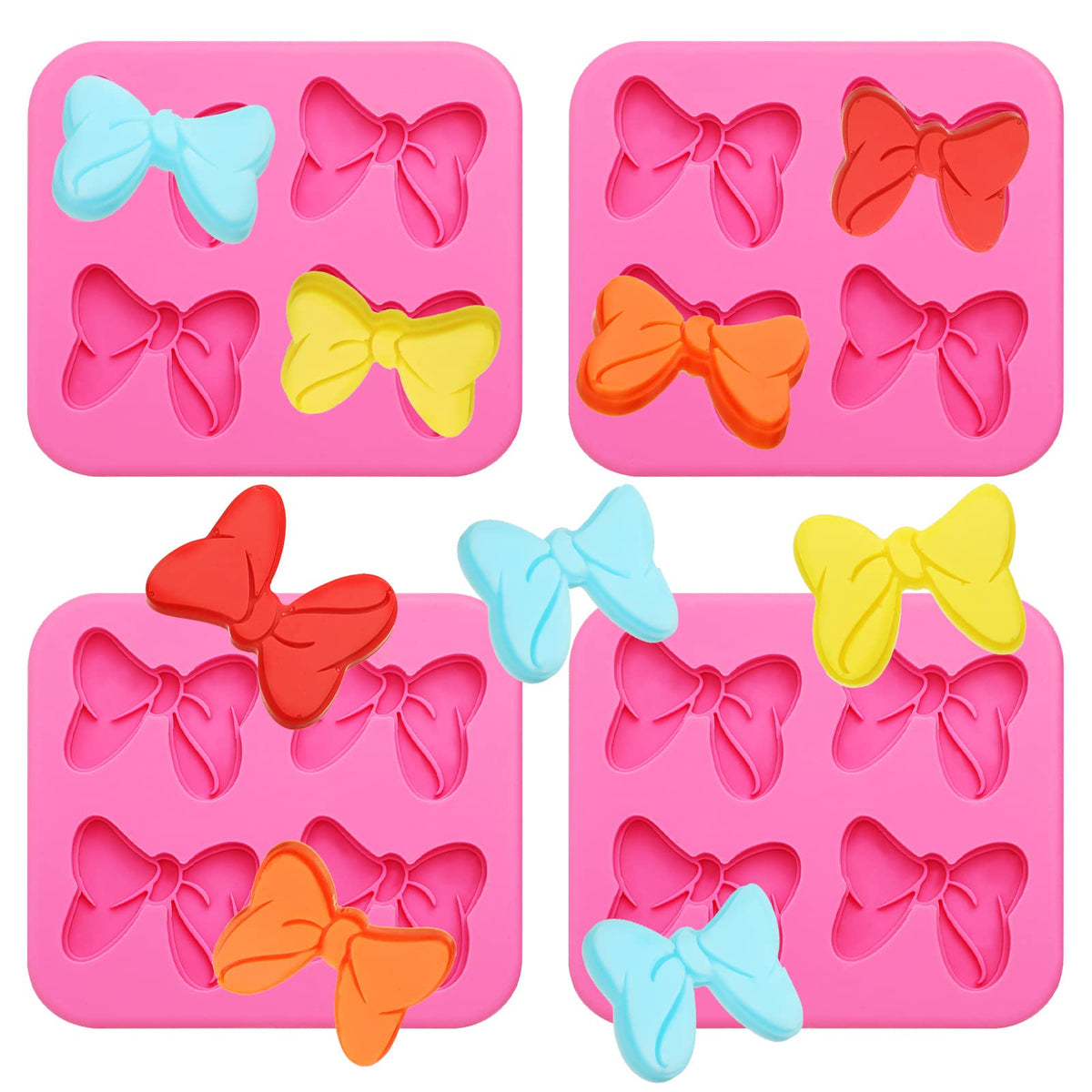 4 Hole Bow Chocolate Silicone Mold 4 Pcs Bow Fondant Mini Mold Cartoon Butterfly Tie Edible Cartoon Cake Molds For Baking Pink B