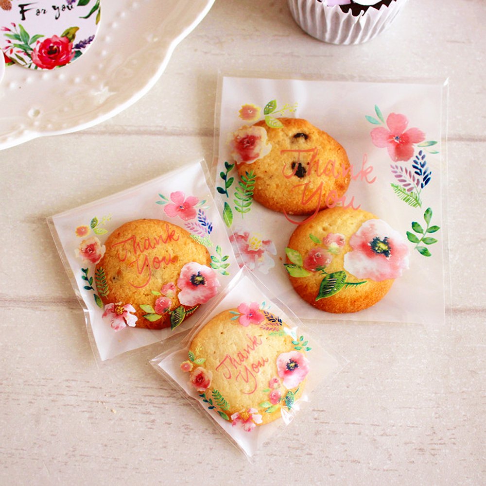 300Pcs Thank You Printed Plastic Bags Pink Flower Opp Self Adhesive Cookie Mini Candy Packaging Biscuit Roasting Diy Gift Favor