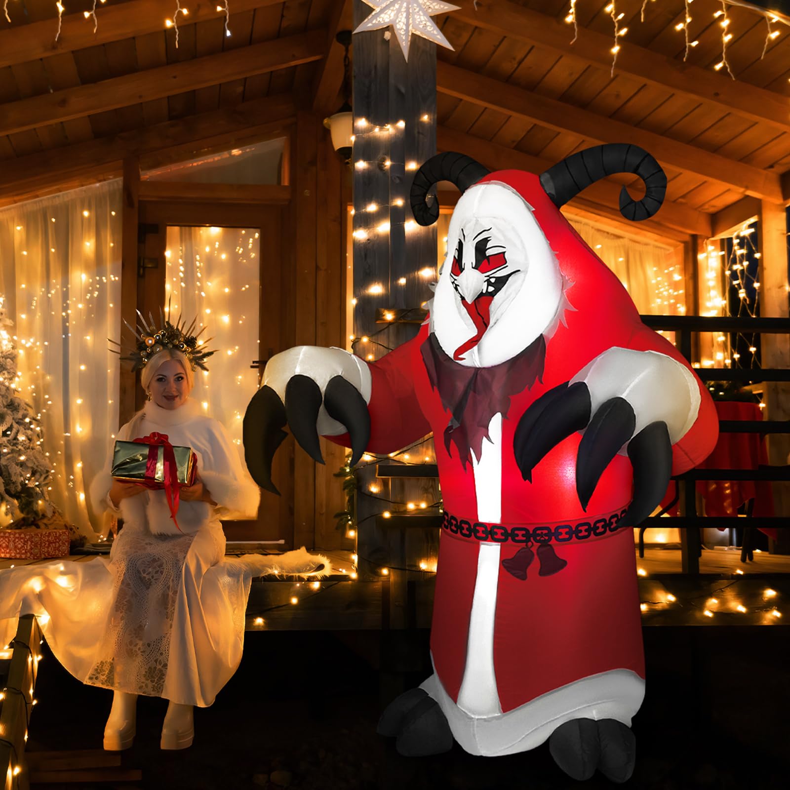Hollowfly 6ft Christmas Krampus Inflatable Decoration - LED Light, Red/Gray/White, Outdoor Yard Decor, Model DUC-Hollowfly-3578