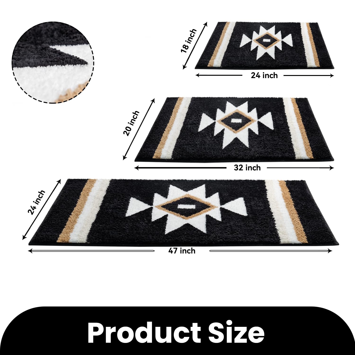 Tanvill Bathroom Rugs Boho Bath Mat Non Slip Black Aztec Bath Rug, Soft Absorbent Luxury Plush Washable Floor Carpet For Bathroo