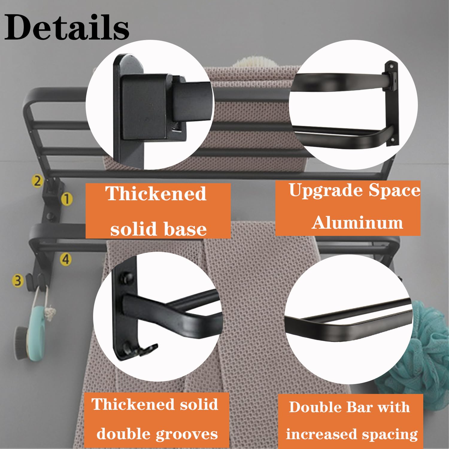 Vanloory Towel Rack For Bathroom, Bath Towel Holder With Double Towel Bar And Foldable Towel Shelf, Rustproof Towel Organizer Wa