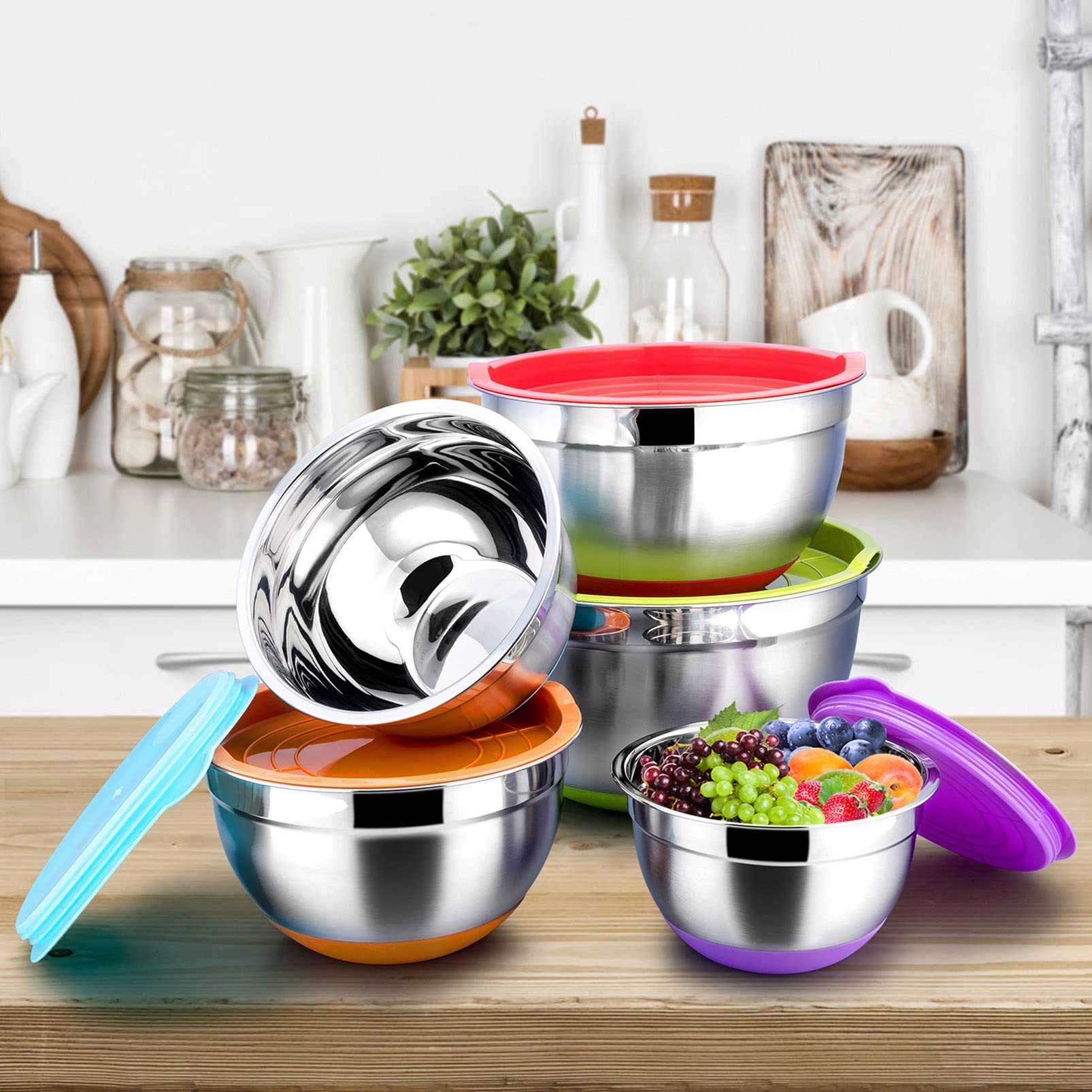 Teamfar Mixing Bowls With Lids Set, 1/1.5/2.5/3.5/7 Qt, Stainless Steel Large Metal Nesting Salad Bowl Set Of 5, Healthy & Sturd