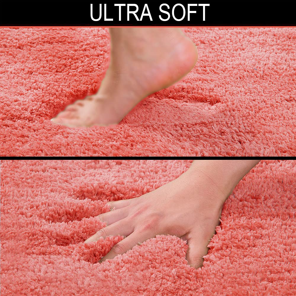 Walensee Shaggy 2 Piece Bath Rug Sets (Living Coral) 20 X 24 U Shape Contour Rug & 20 X 32 Bathroom Rug Machine Wash/Dry Bath Ma