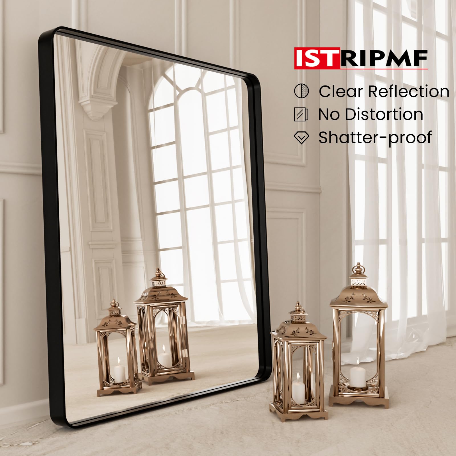 Istripmf Black Bathroom Vanity Mirror 28X36 Inch,Rounded Rectangle Matte Black Mirror For Bathroom Wall,Tempered Glass,Horizonta