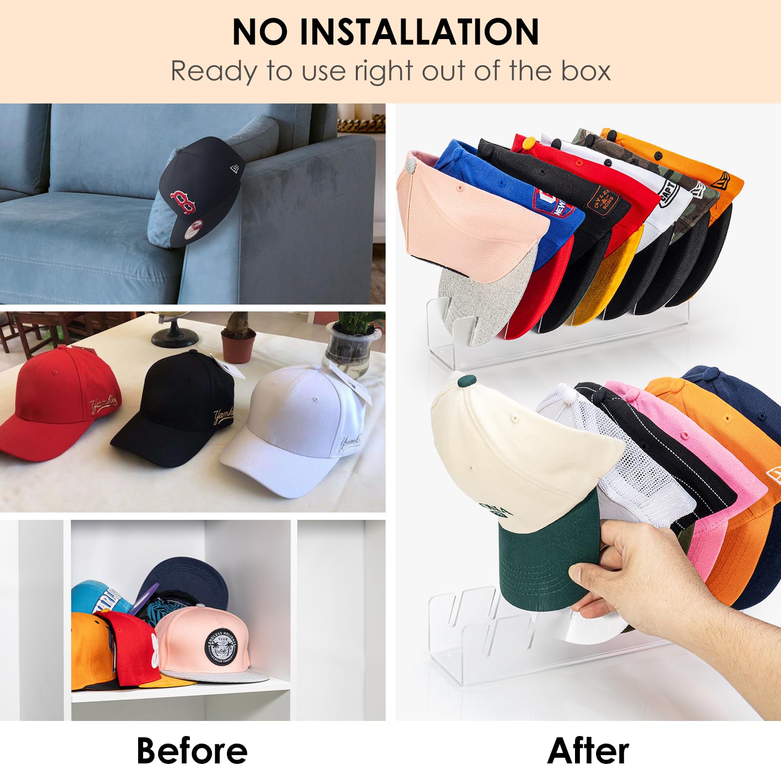 Hayvan Hat Stand For Baseball Caps Display And Organizer - No Install Hat Organizer 2 Pack Holds 14 Baseball Caps For Closet, Be