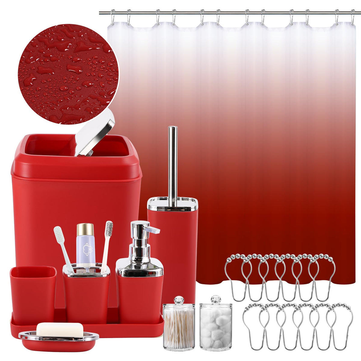 Bathroom Accessory Set - Bathroom Sets With Shower Curtain, Burgundy Ombre Waterproof Shower Curtain With Stainless Steel Hooks,