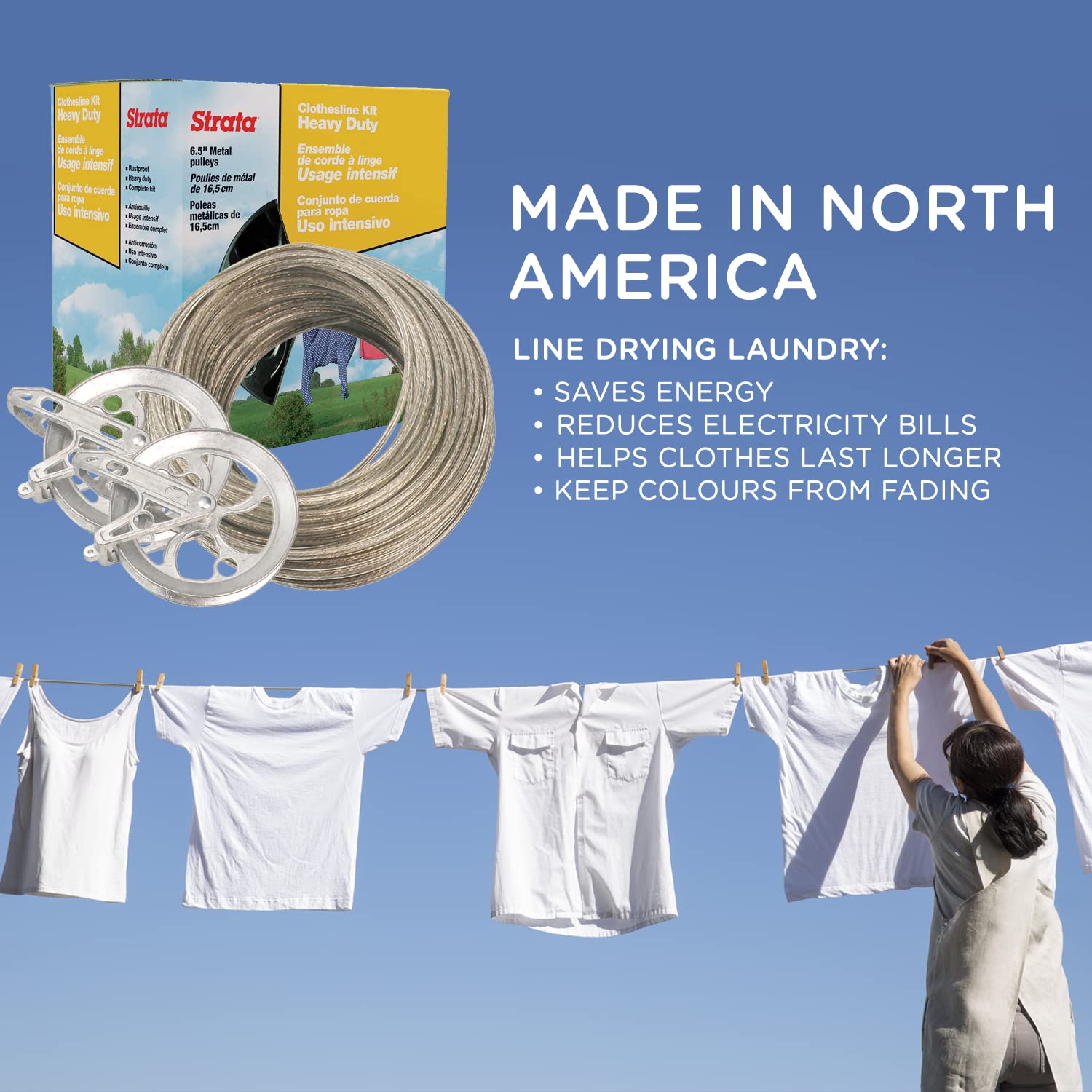 Strata Clothesline Outdoor Heavy Duty Kit - 150 Feet Galvanized Wire Gold Pvc Coating, 6.5'' Clothesline Pulley 2Pcs, Metal Mini