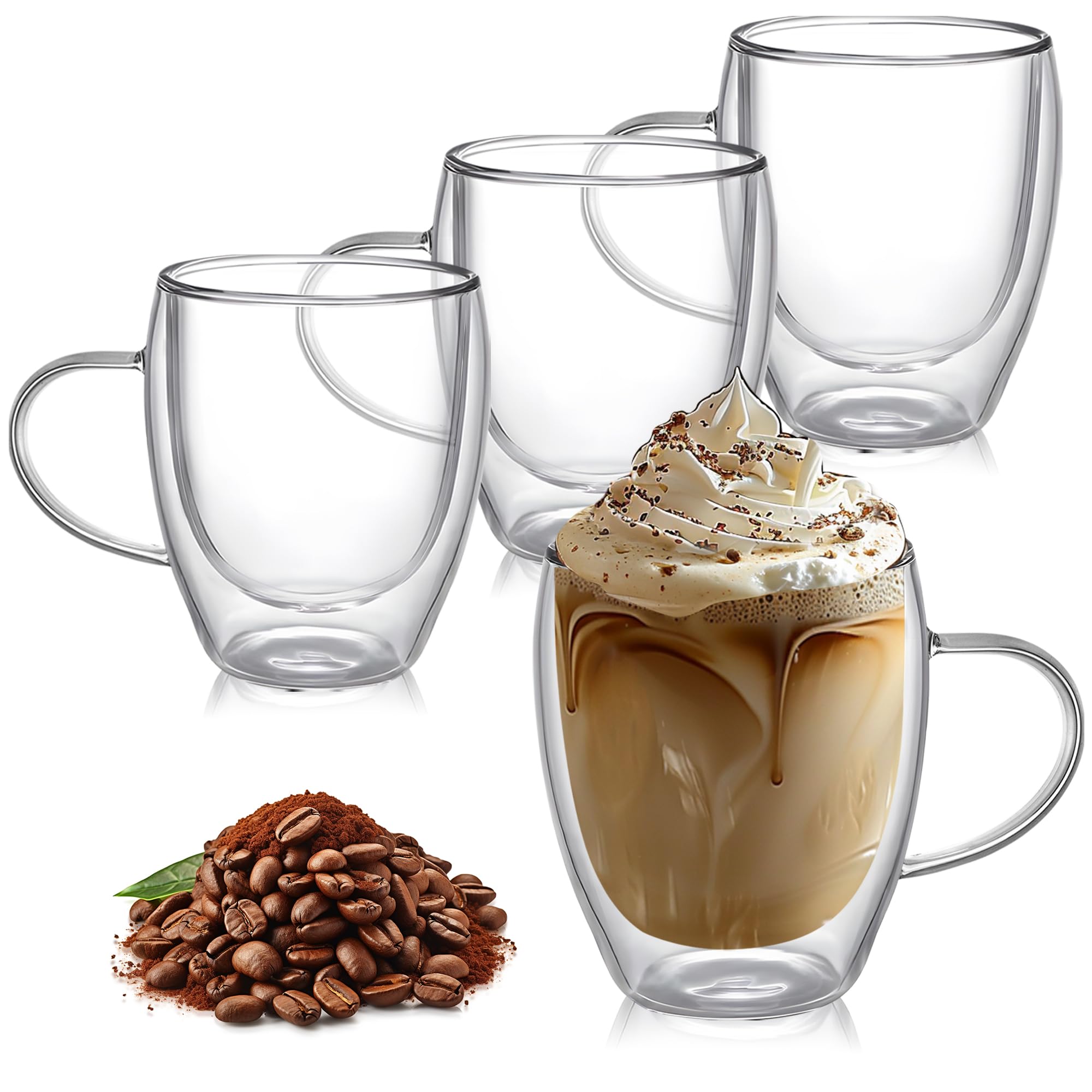 TECOHORS 8 Ounces Set of 4 Double Walled Glass Coffee Mugs with with Handle Insulated Layer Coffee Cups Borosilicate Glass Espre