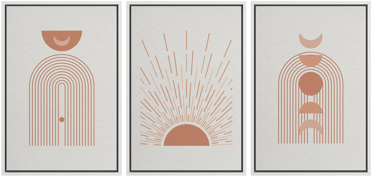 Idea4Wall Framed Canvas Print Wall Art Set Shining Sun Moon Geometric Landscape Abstract Shapes Illustration Modern Art Decorati