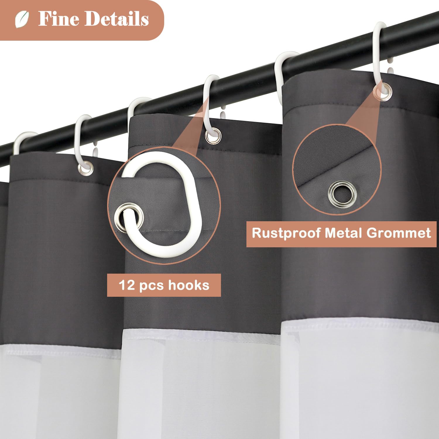 UFRIDAY Dark Gray Shower Curtain 72 x 75 Inches Long Polyester Fabric Shower Curtain with Light Filtering Window  Water Repellent 12 Hooks Included Washable Curtain for Home and Hotel