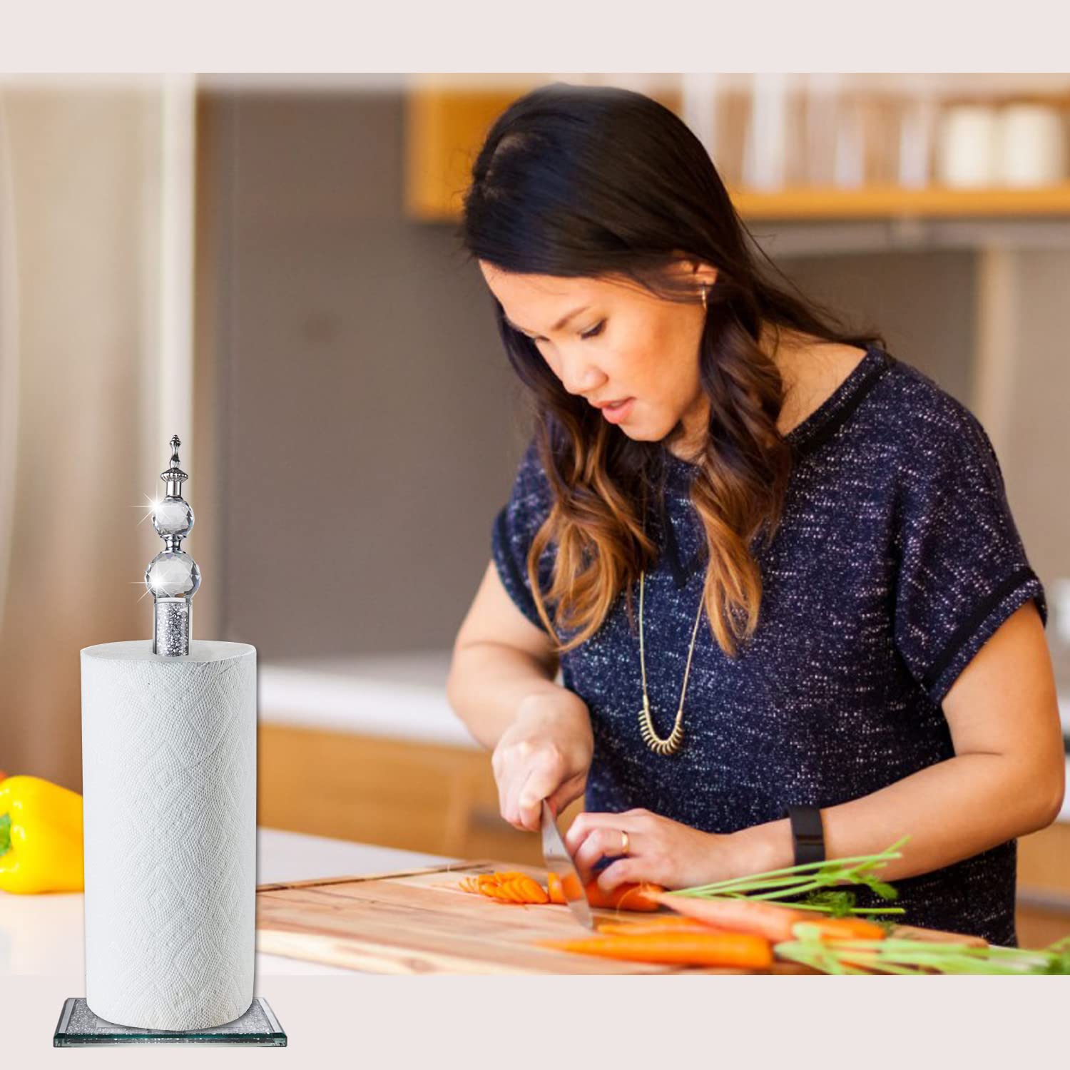 Handmade Silver Paper Towel Roll Holder,Crystal Crushed Diamonds Paper Towel Roll Decorative With Base Freestanding Holder For K