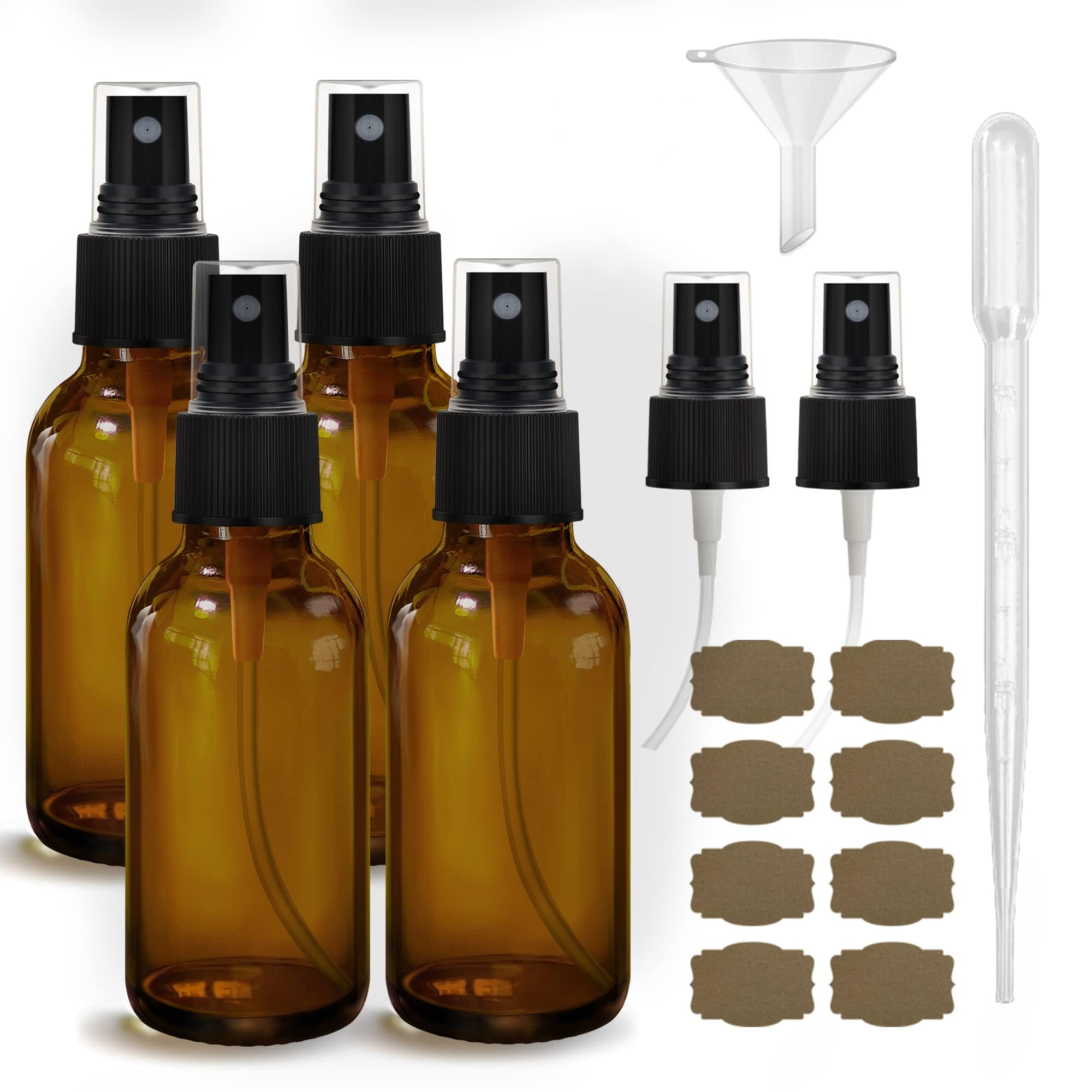 Givameihf 4 Pcs Amber Glass Spray Bottles 2Oz, Empty Small Spray Bottle Fine Mist Refillable Sprayer With Funnel Labels Droppers