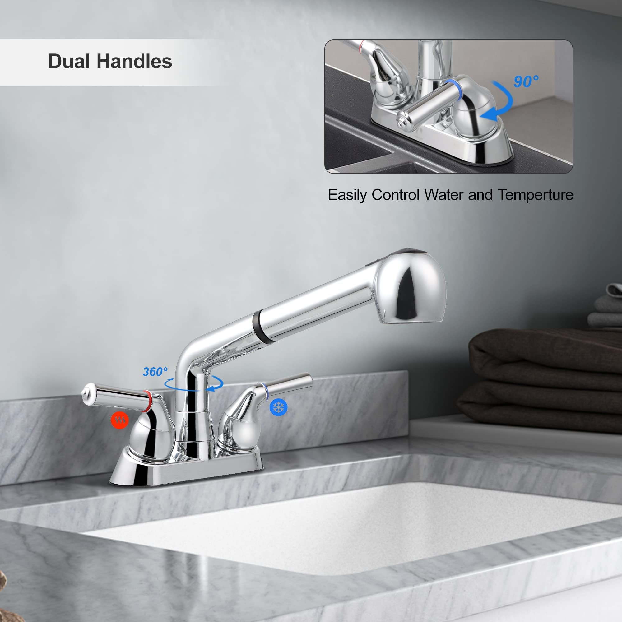Utility Sink Faucet With Sprayer, Laundry Room Faucet With Pull Out Sprayer For Laundry Tub, 4 Inch Centerset 3 Holes Installati
