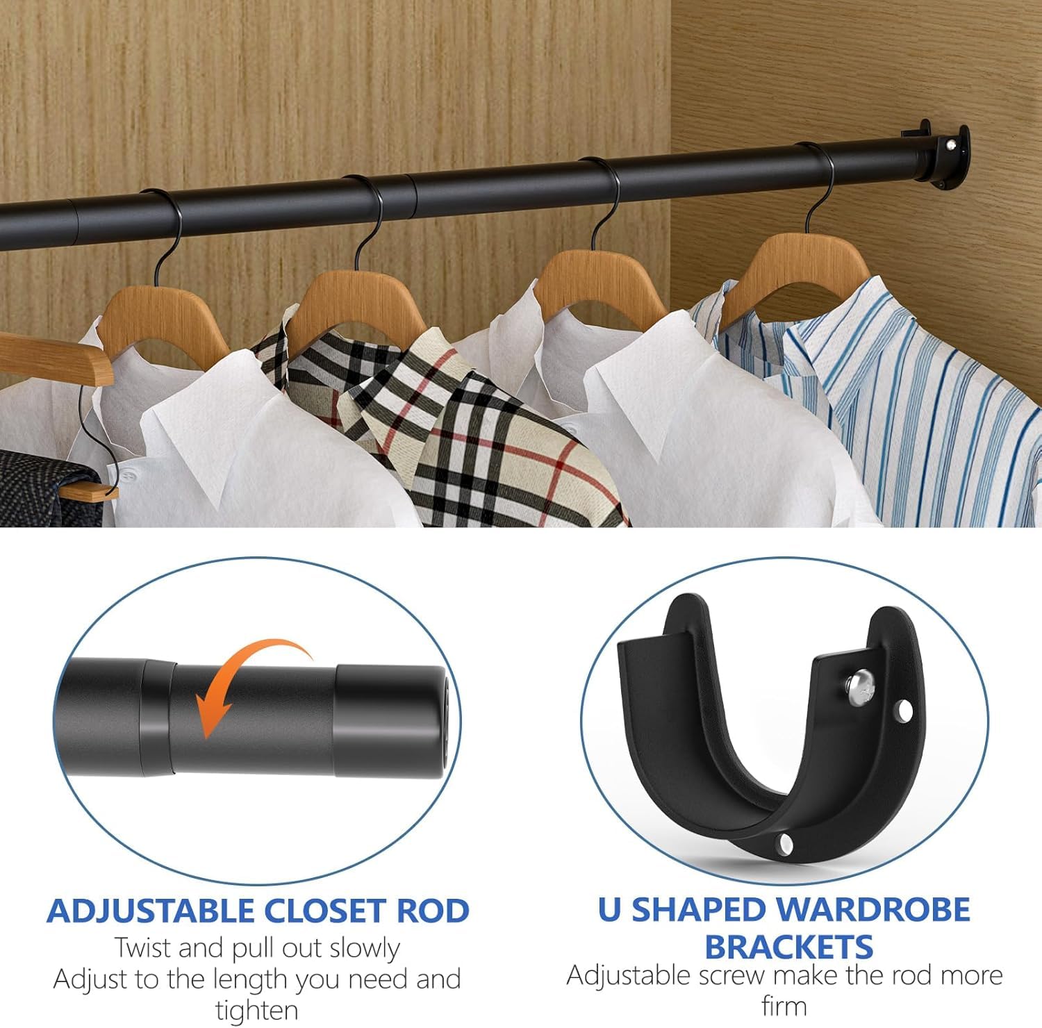 Sutine Closet Rod, 17 To 97 Inch Closet Rods For Hanging Clothes, Heavy Duty Adjustable Clothes Hanging Bar Rod Matte Black Clos