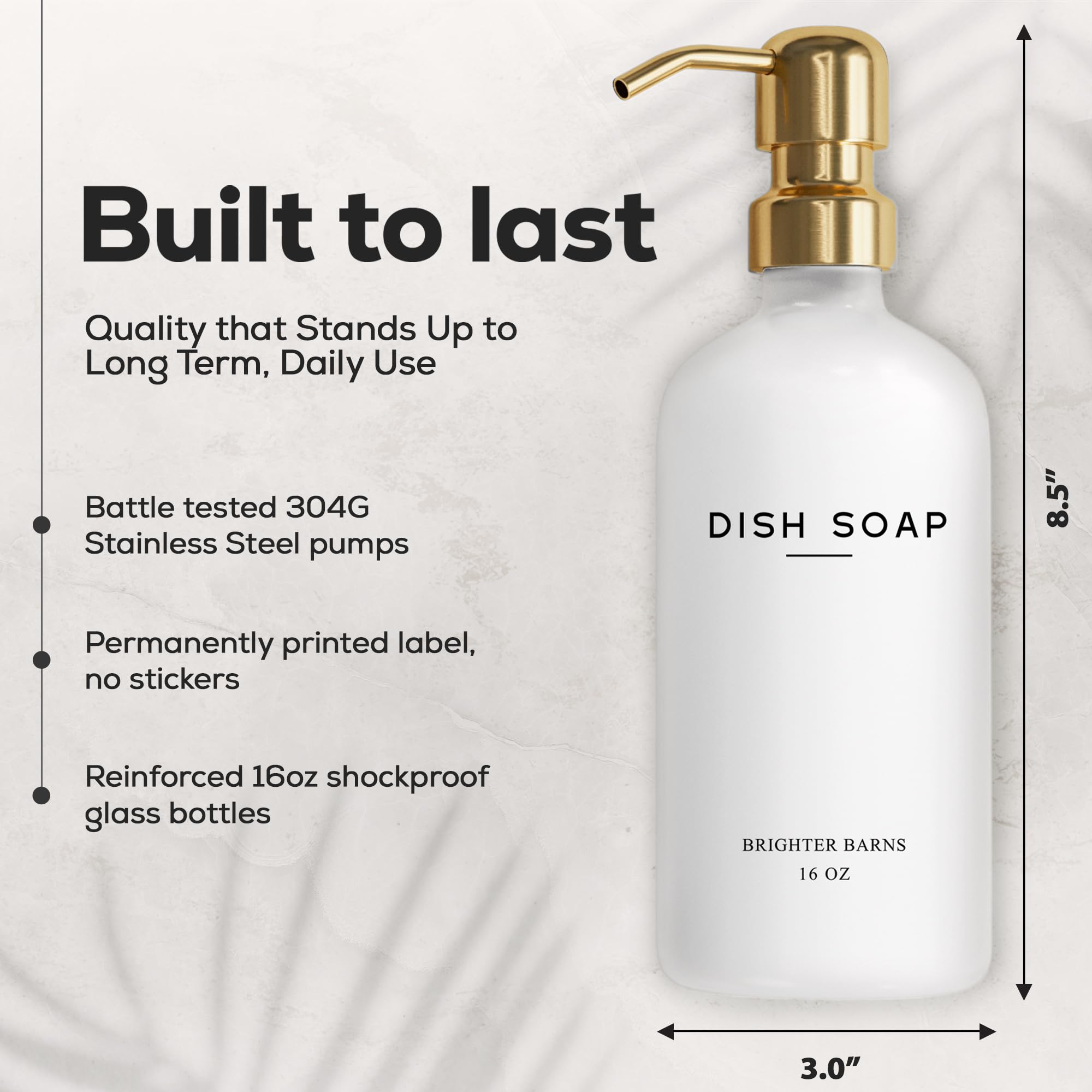 Luxury Glass Hand And Dish Soap Dispenser Set By Brighter Barns - Kitchen Soap Dispenser Set & Stainless Steel Pump - Gold Soap