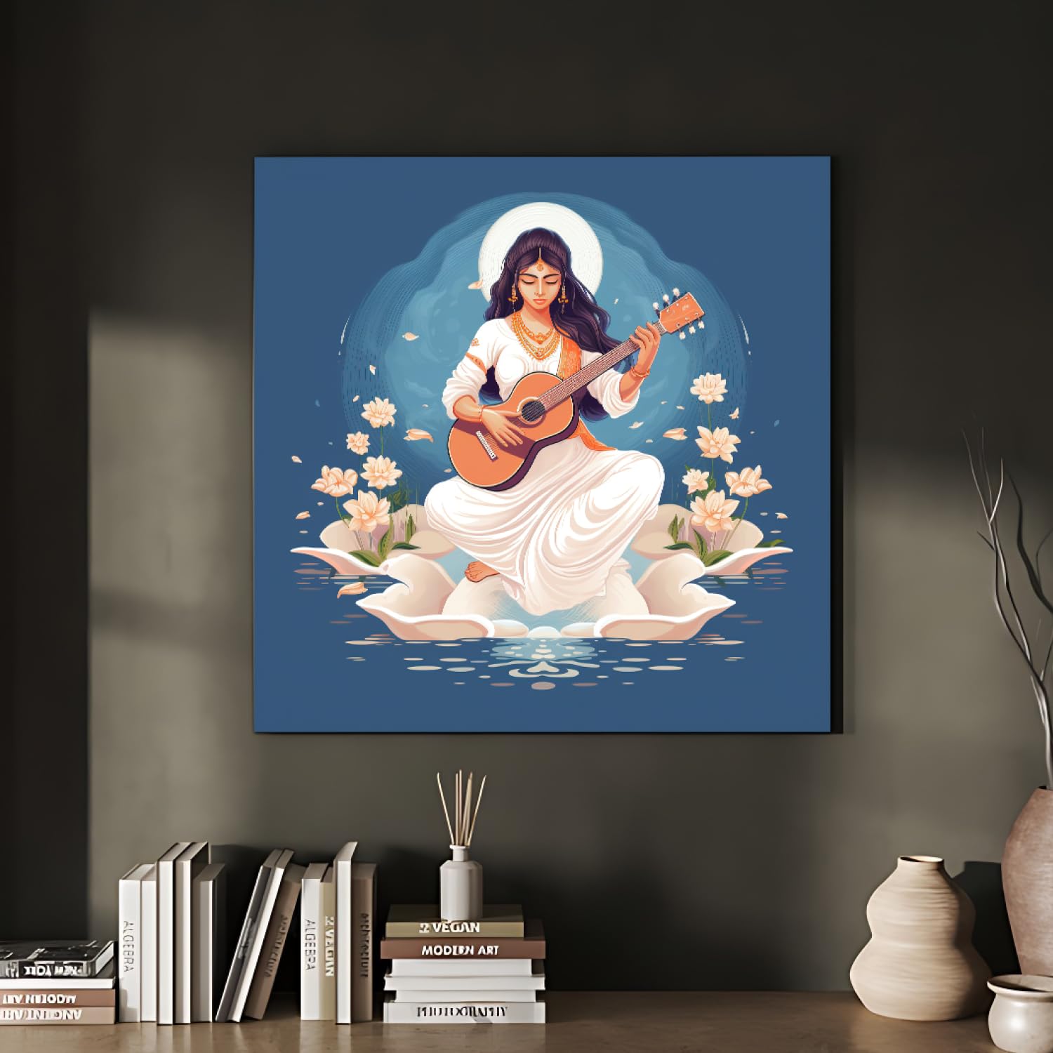 Chalk My Theme Goddess Saraswati Blue Wood Print Wall Art Home Decor, Living Room, Bedroom, Cafe, Room Painting For Wall Decorat