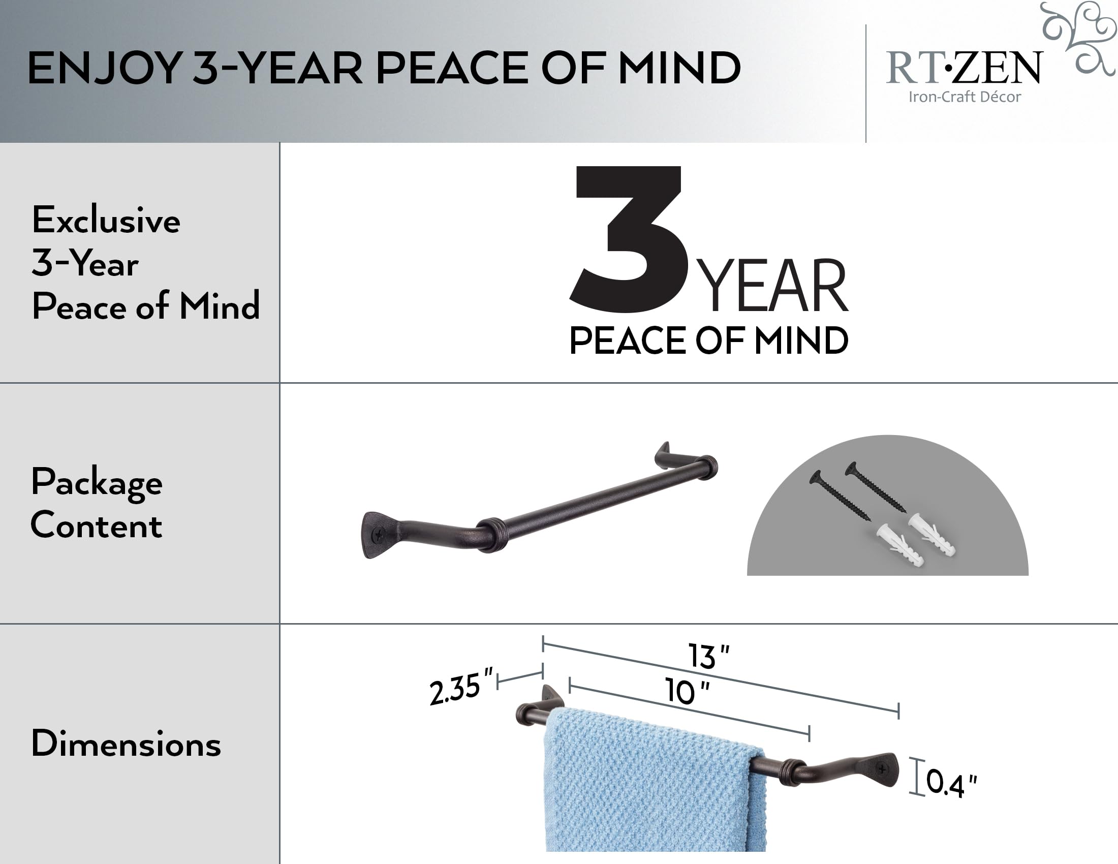 Rtzen Matte Black Hand Towel Holder For Bathroom - Handcrafted Farmhouse Wrought Iron Kitchen Towel Bar - Hand Towel Bar Hanger