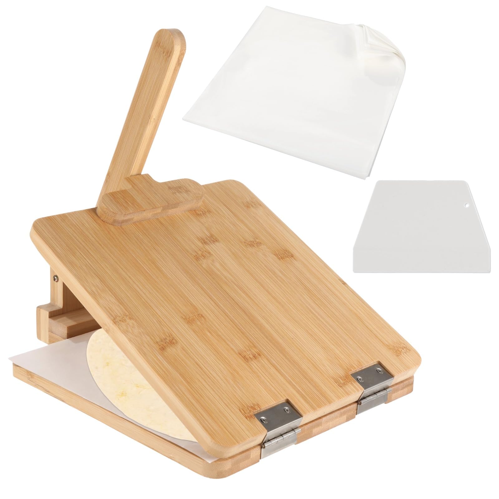 Wooden Tortilla Press, 10 in Mexican Tortilla Presser with Scraper & Papers, Natural Healthy Maker, Quick Shaping, Engraved with