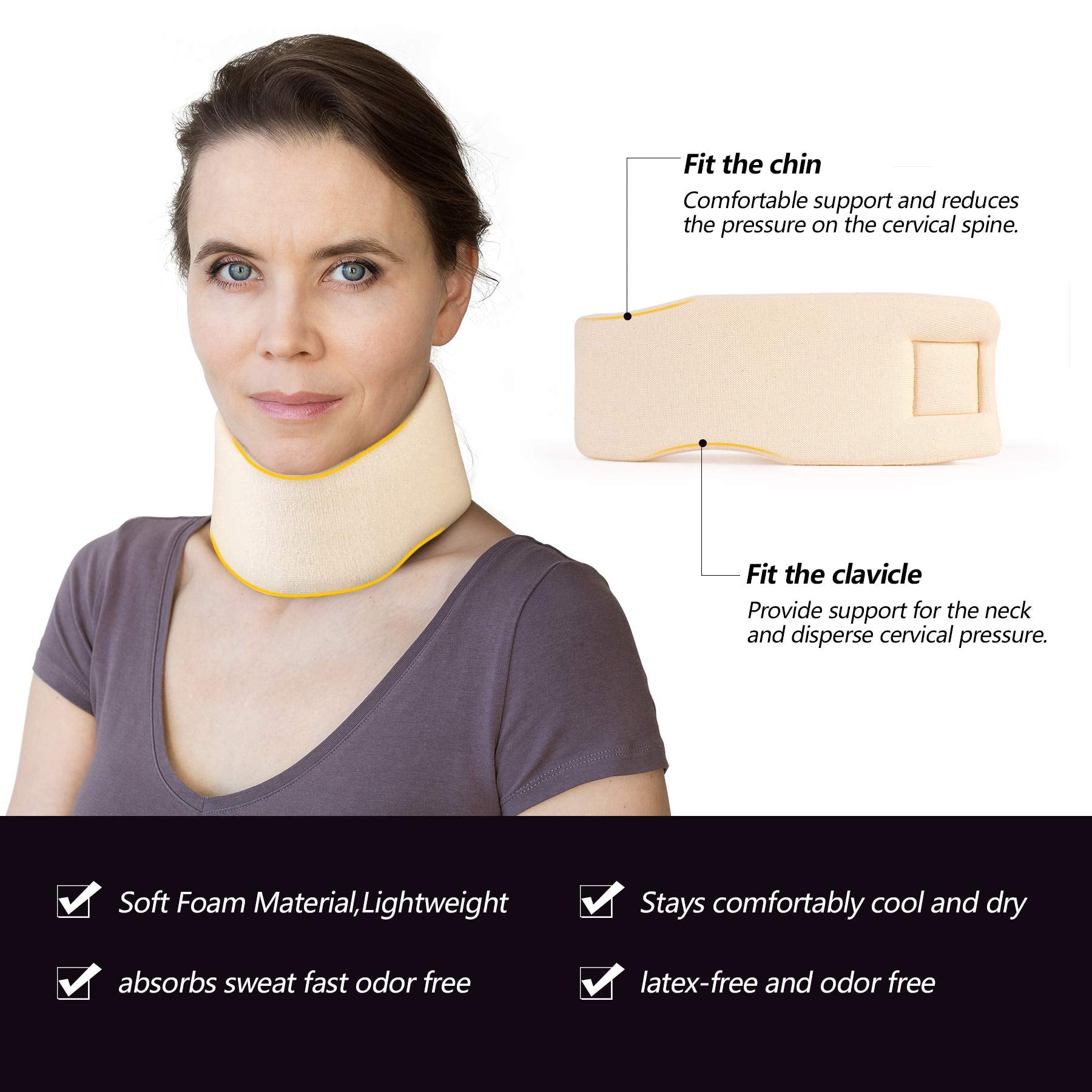Cozyhealth Soft Foam Neck Brace - Adjustable Cervical Collar for Neck Pain Relief, Large, Cotton, 3" Depth, Ideal for Sleeping