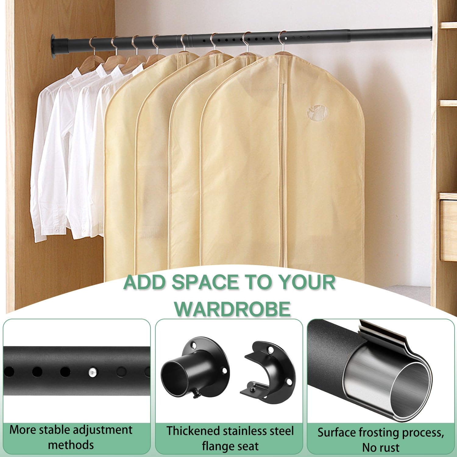 Closet Rod - 17-100 Inches, 1.3 Inch Diameter Heavy Duty Closet Rods Extender Hanging - Metal Matte Black Adjustable Clothes Han