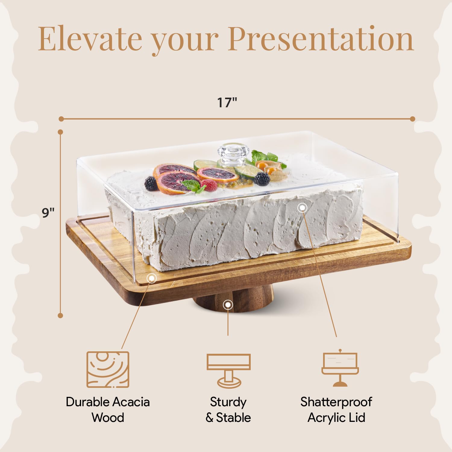 Homesphere Acacia Wood Cake Stand With Lid - Rectangular Cake Holder, 2-In-1 Dessert Table Display Set & Charcuterie Board For C