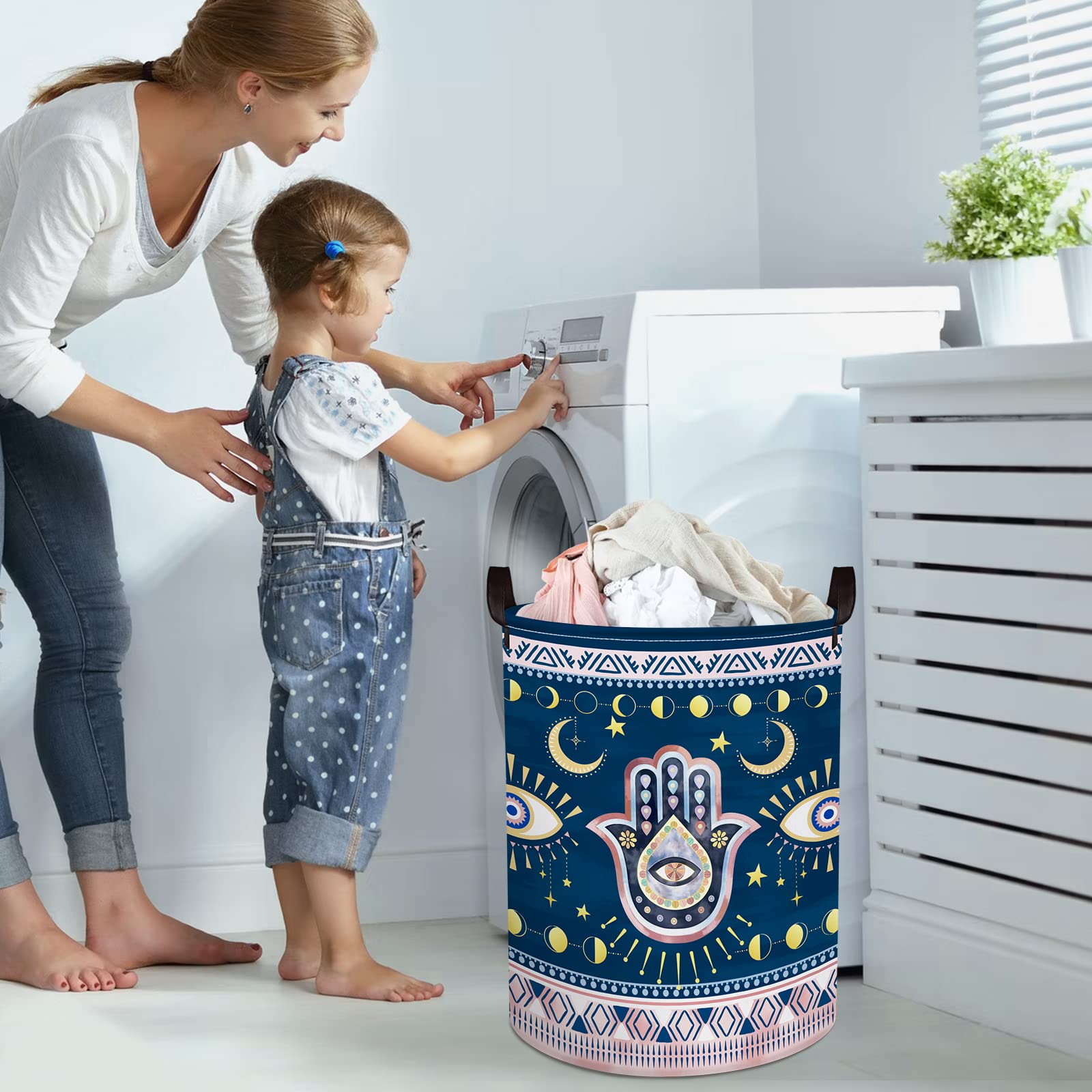 Clastyle 45L Blue Bohemia Evil Eye Laundry Baskets Hand Of Fatima Storage Basket For Blanket Toys Moon Star Hamsa Laundry Hamper