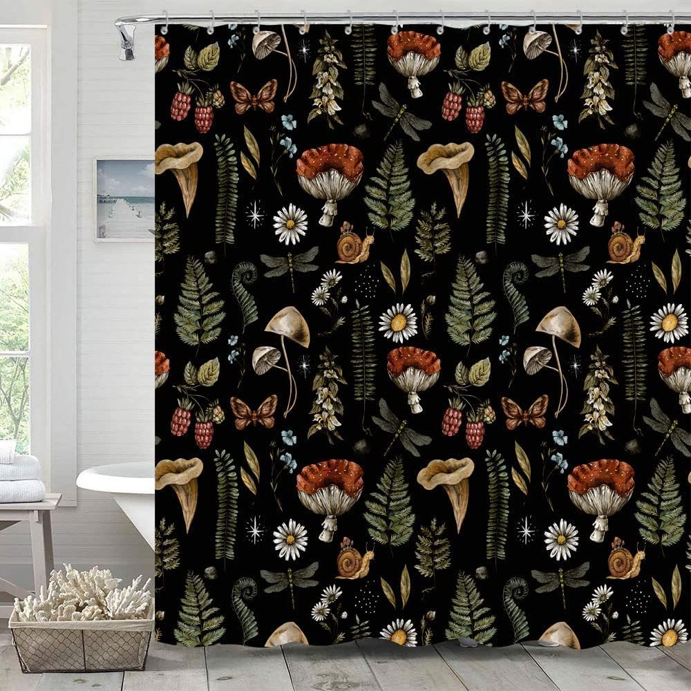 Goaok Vintage Mushroom Boho Shower Curtain, Magic Fairy Witchy Woodland Nature Plant Shower Curtain Set, Hippie Botanical Floral