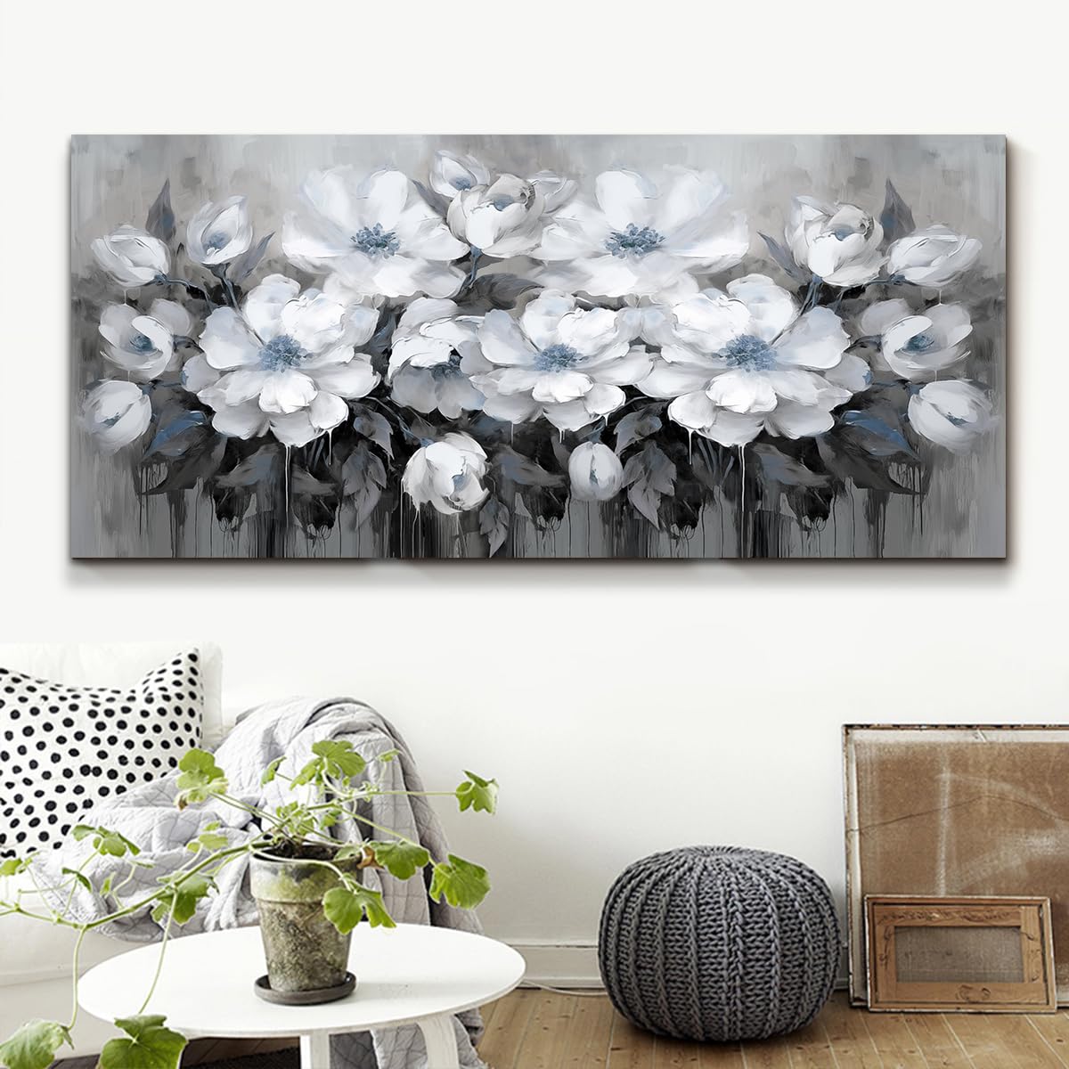 Anzhongart Living Room Wall Art,Flower Wall Art,Canvas Wall Art,Big Wall Art Gray And White And Blue Flower Wall Art-Floral Canv