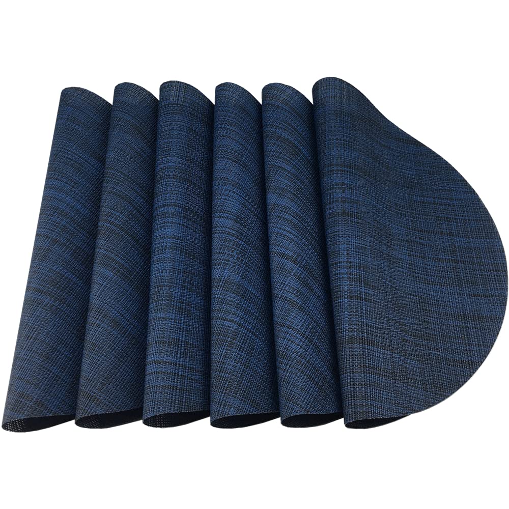Wazaigur Round Placemats Set Of 6 Woven Vinyl Easy To Clean Heat Resistant Kitchen Table Mats 15 Inch(Navy Blue 6)