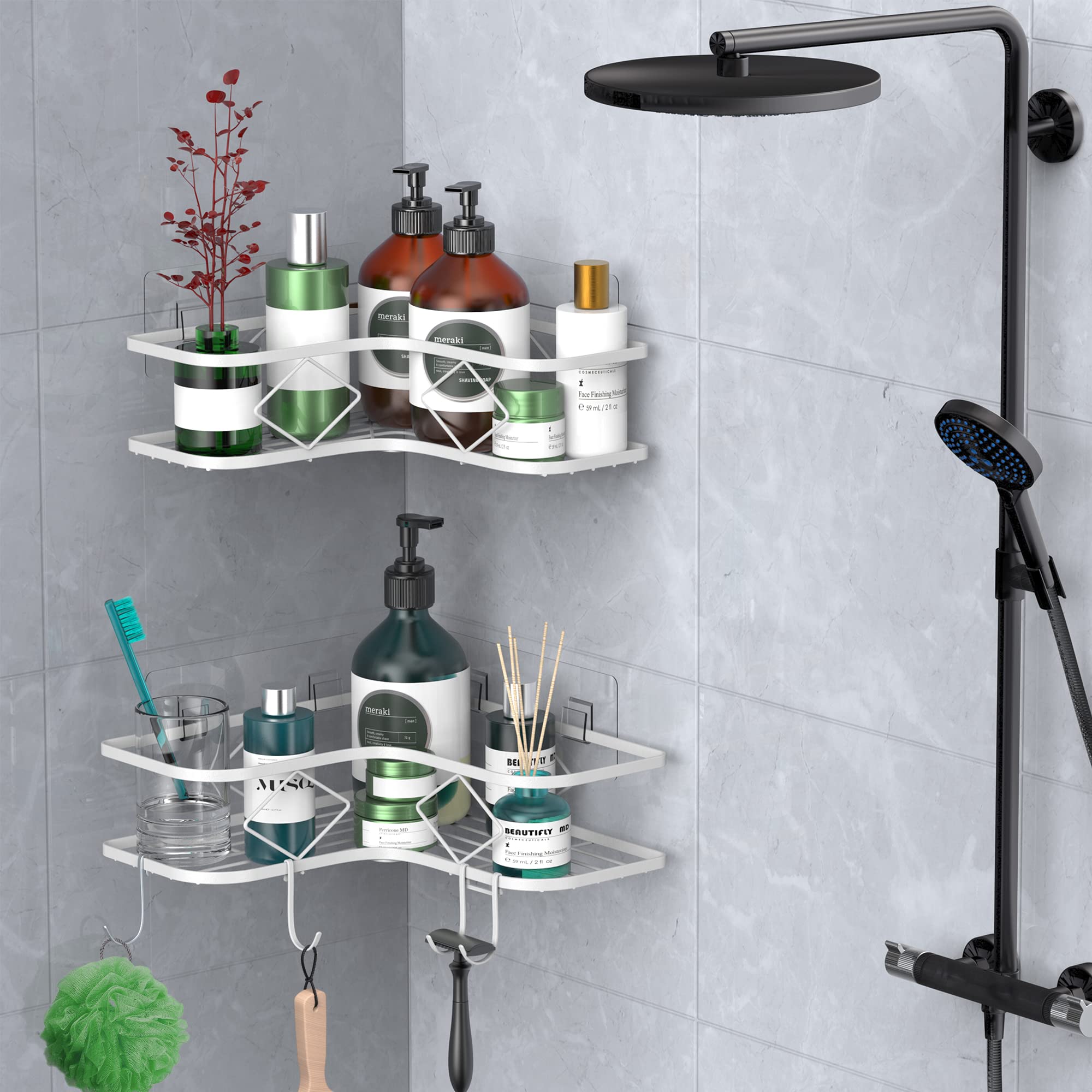 Kerisgo Shower Caddy, 2 Pack Corner Organizer Shelf, Rustproof Wall Mount Shower Storage Rack, No Drilling, 40 Lbs Capacity (Glo