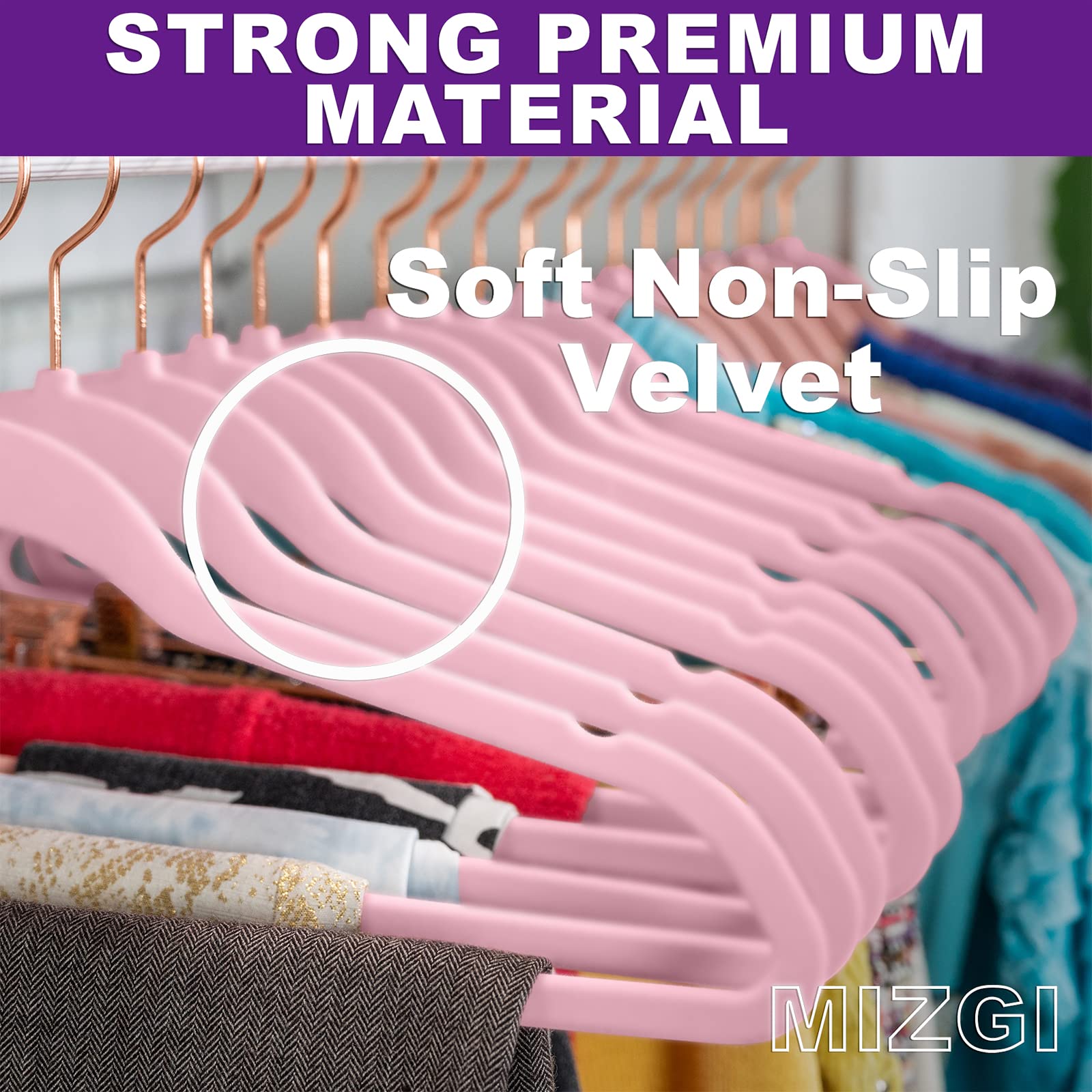MIZGI Premium Velvet Hangers (Pack of 50) Heavy Duty - Non Slip - Velvet Suit Hangers Light Pink - Copper/Rose Gold Hooks Space Saving Clothes Hangers (Light Pink)