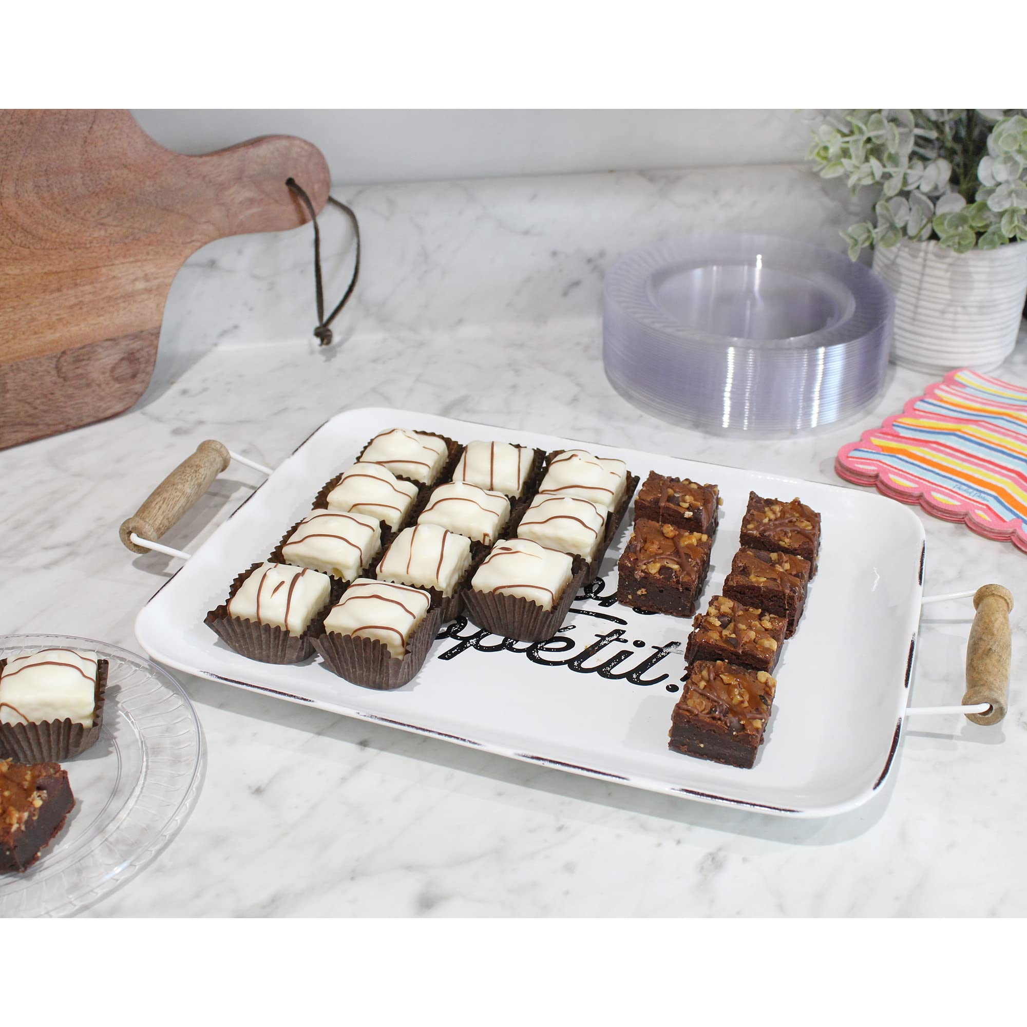 Auldhome Enamelware Bon Appetit Tray (White); Distressed Farmhouse Style Metal Decorative Serving Platter
