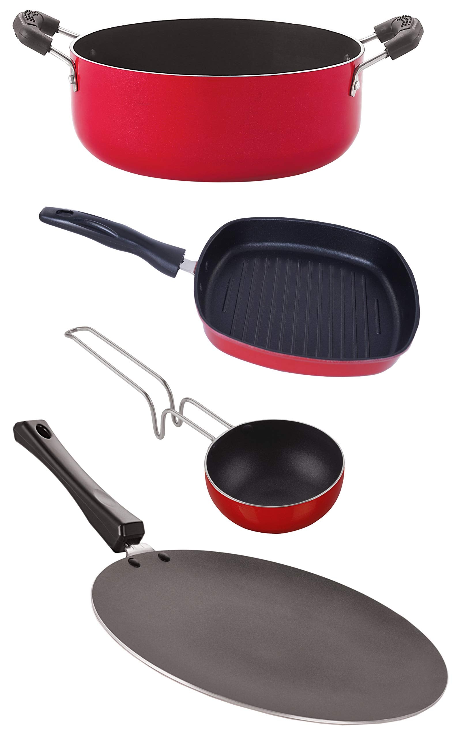 Nirlon Odor Free 3 Layer Nonstick Coating Cookware Gift Item 4 Pieces Set With Bakelite Handle (Concave Tawa 27.5Cm + Vagariya 3