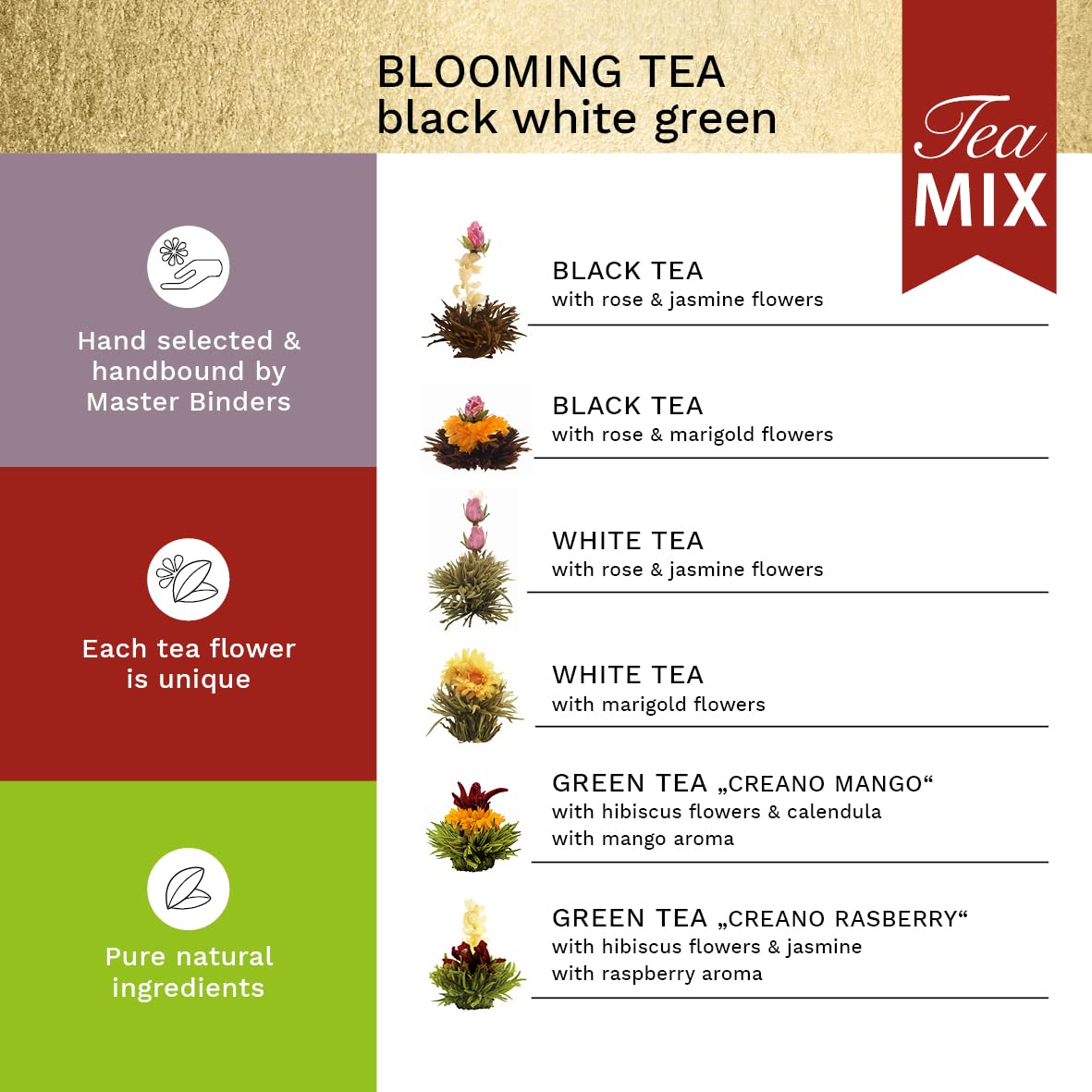 Creano Tea Flowers Mix Golden Gift Set Blooming Tea with Glass Teapot White  Green & Black Tea in 6 Varieties Tea Flower Blooming Tea Gift for Women