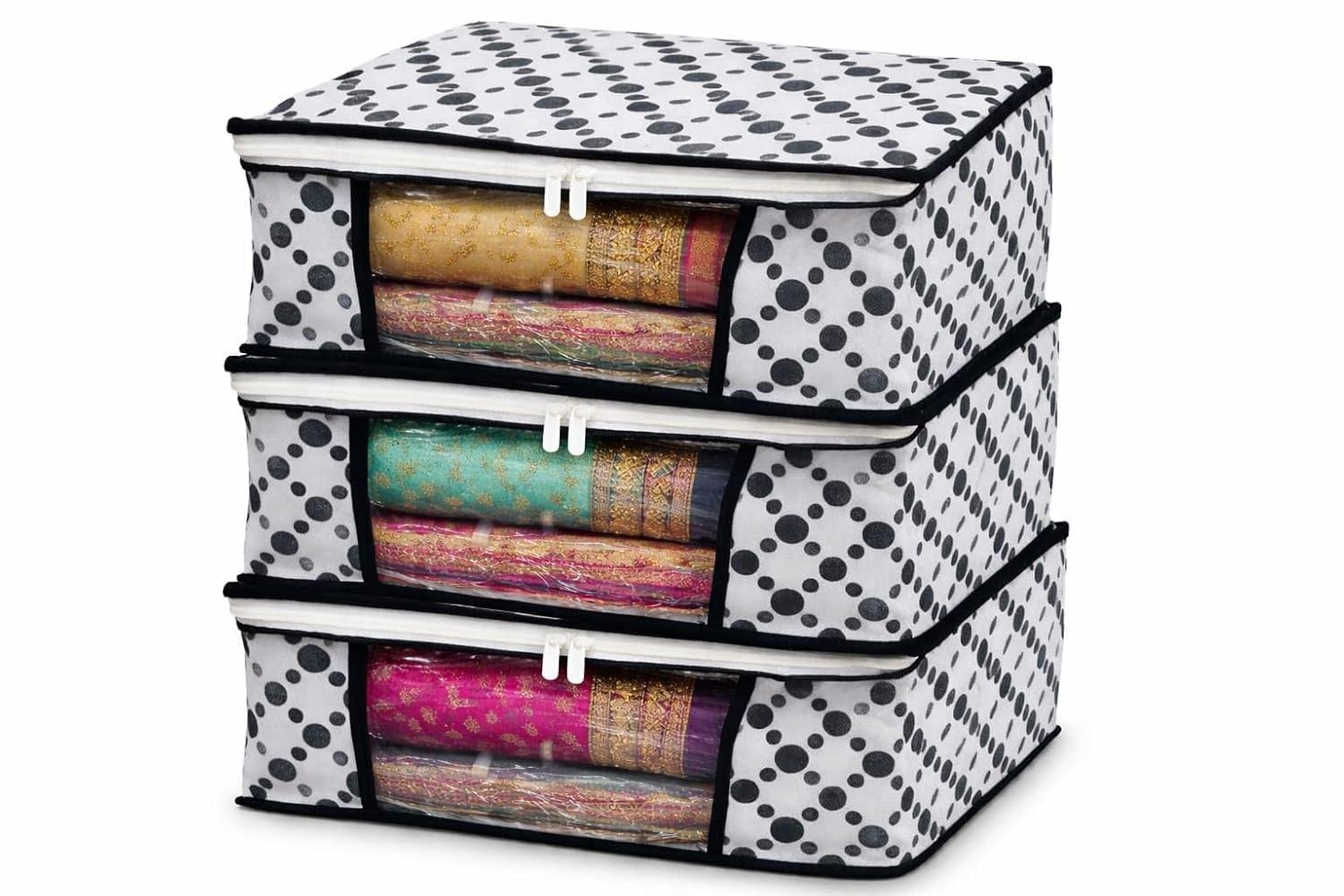 Clothes Storage Organizer Bags With Transparent Front Window And Zip Closure, (Black & White, Pack Of 3)