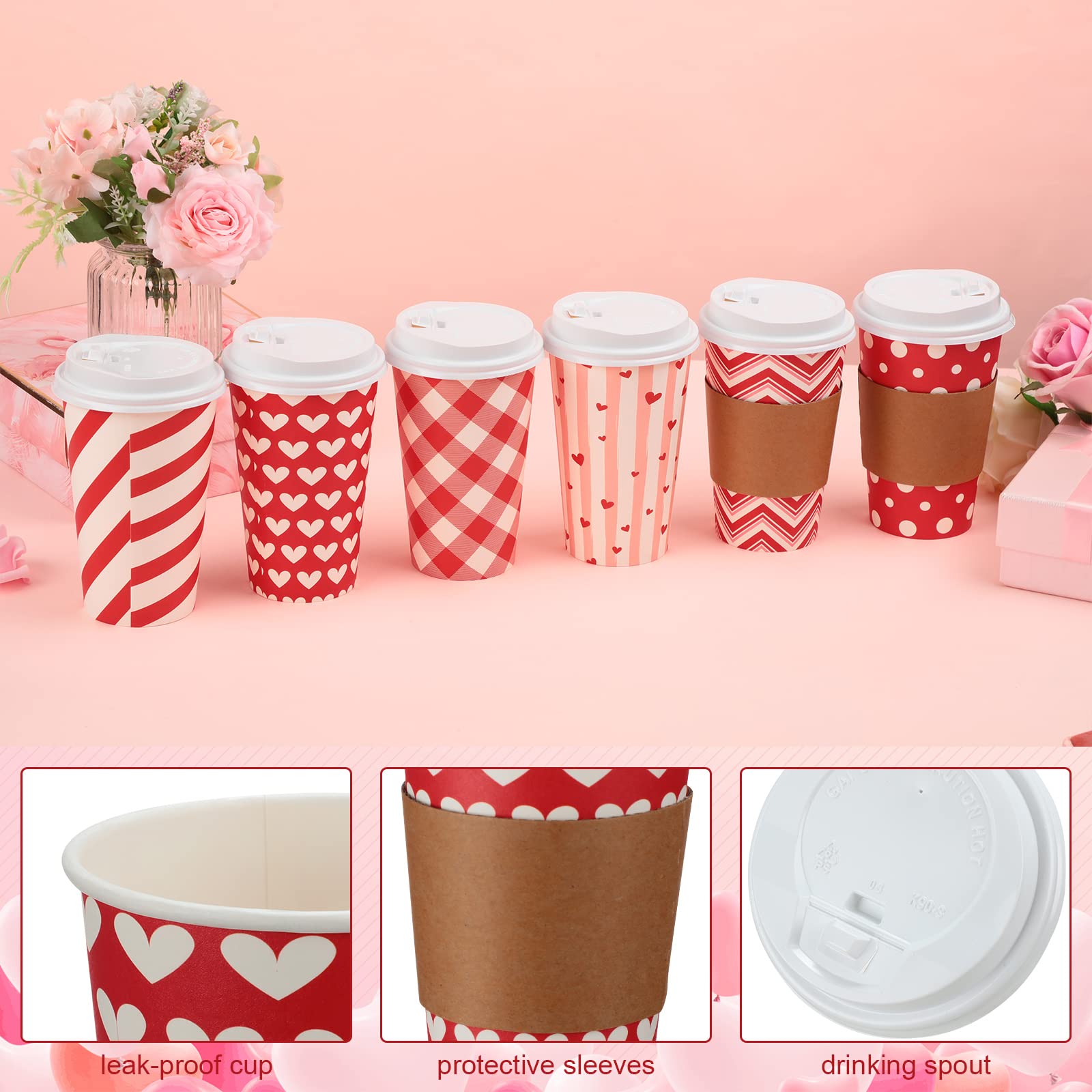 Sosation 90 Pcs/30 Set Valentine'S Day Coffee Paper Cups With Lids And Sleeves 16 Oz Disposable Hot Cocoa Cups Valentines Pink P